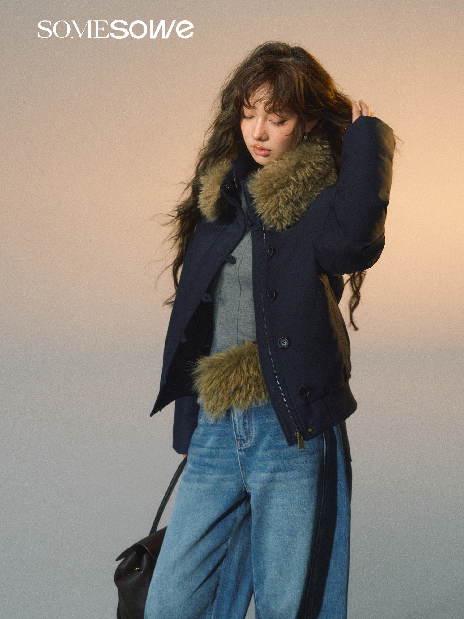 SOMESOWE Detachable Fur Collar Slim Down Jacket In Navy Blue | MADAX