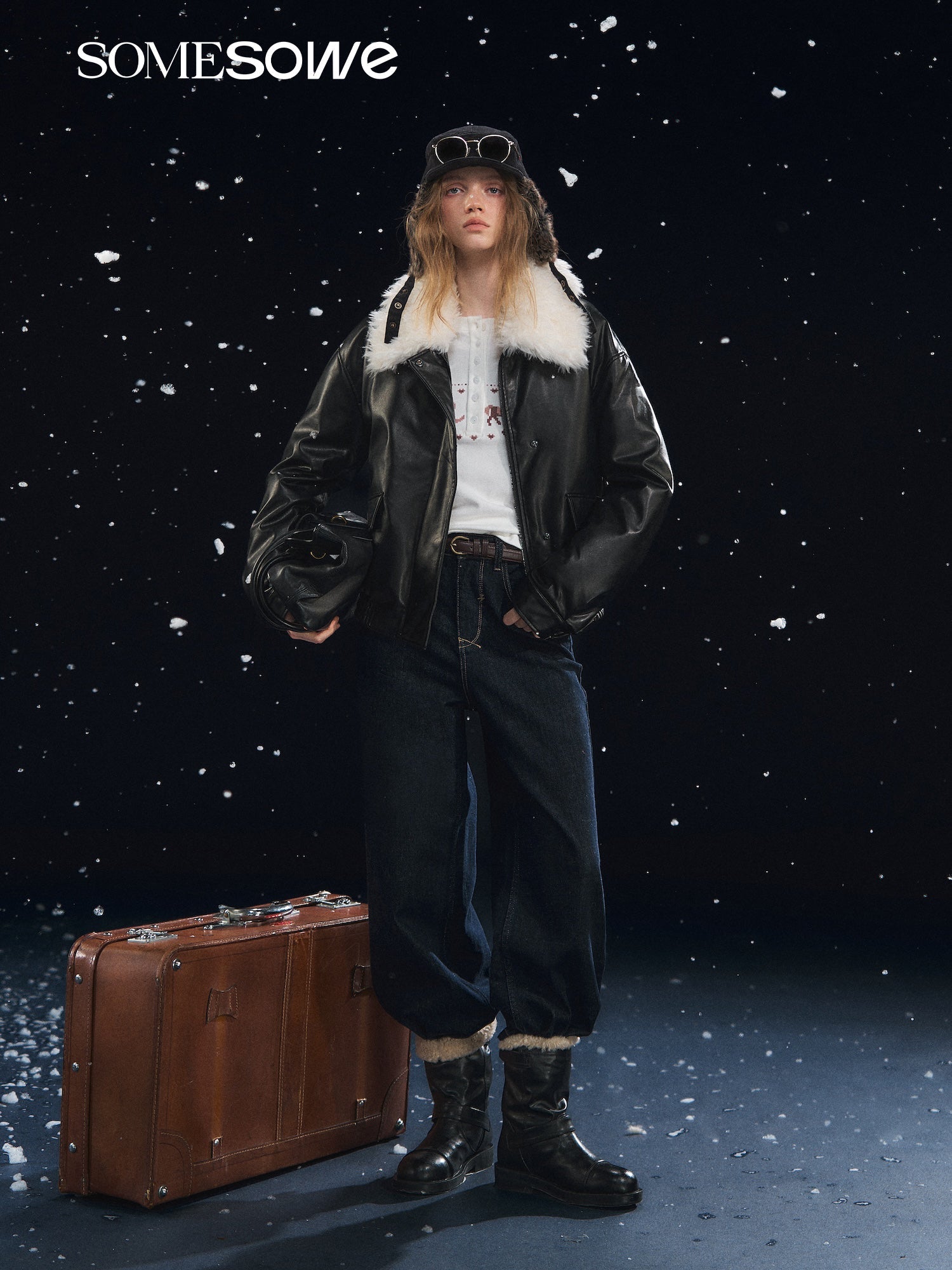 SOMESOWE Detachable Fur Collar Soft Leather Down Jacket In Black | MADAX