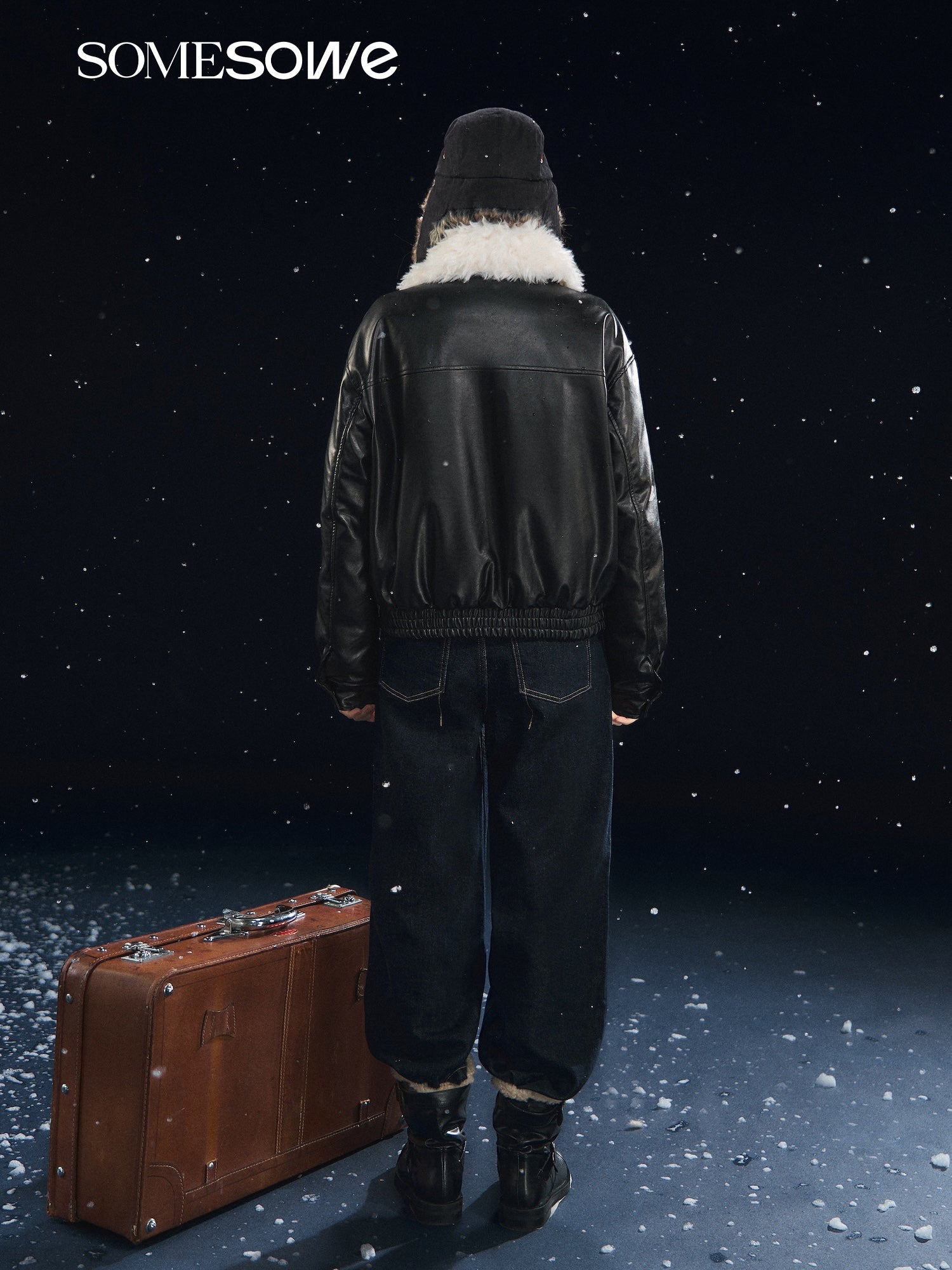 SOMESOWE Detachable Fur Collar Soft Leather Down Jacket In Black | MADAX