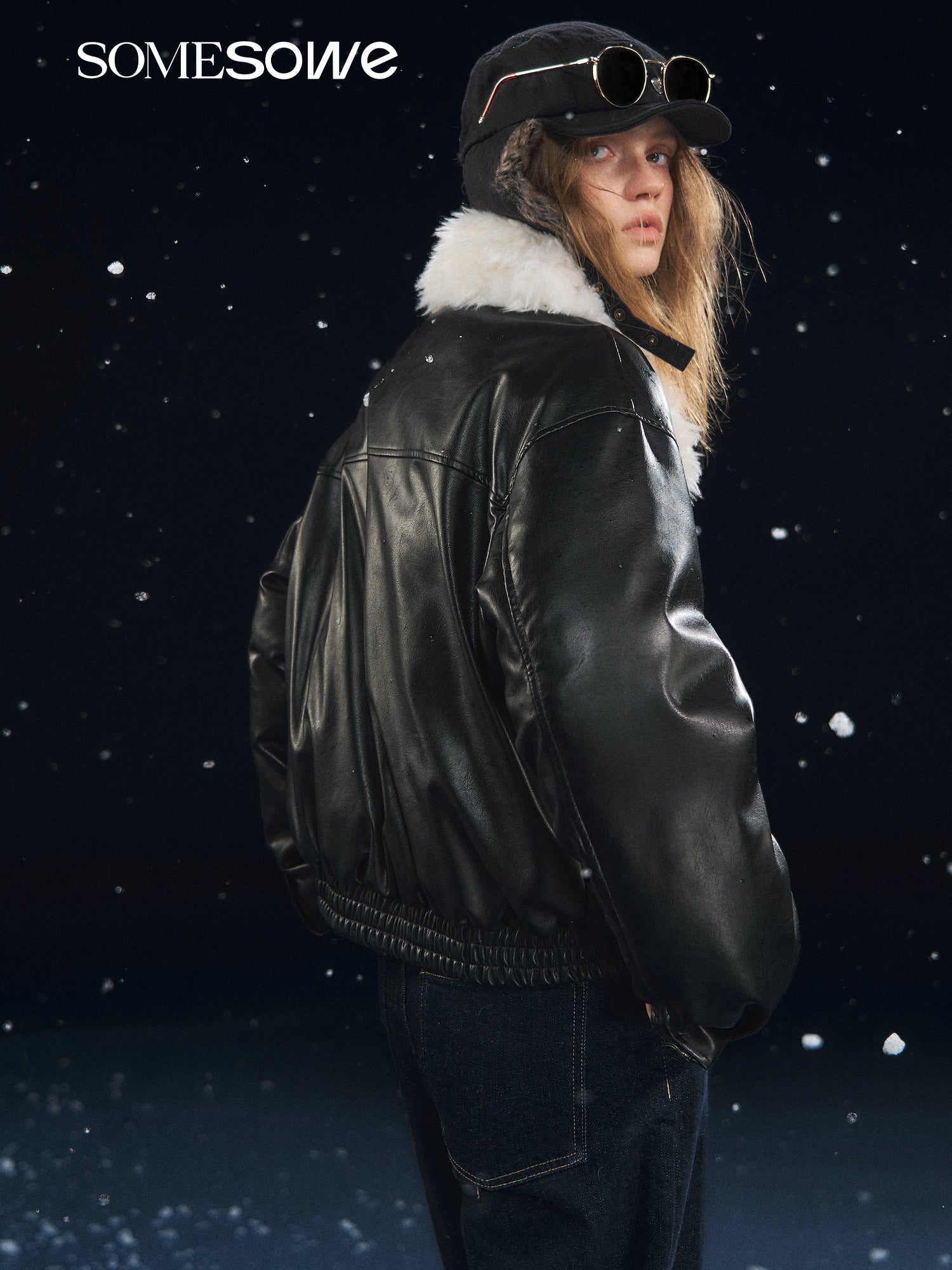 SOMESOWE Detachable Fur Collar Soft Leather Down Jacket In Black | MADAX