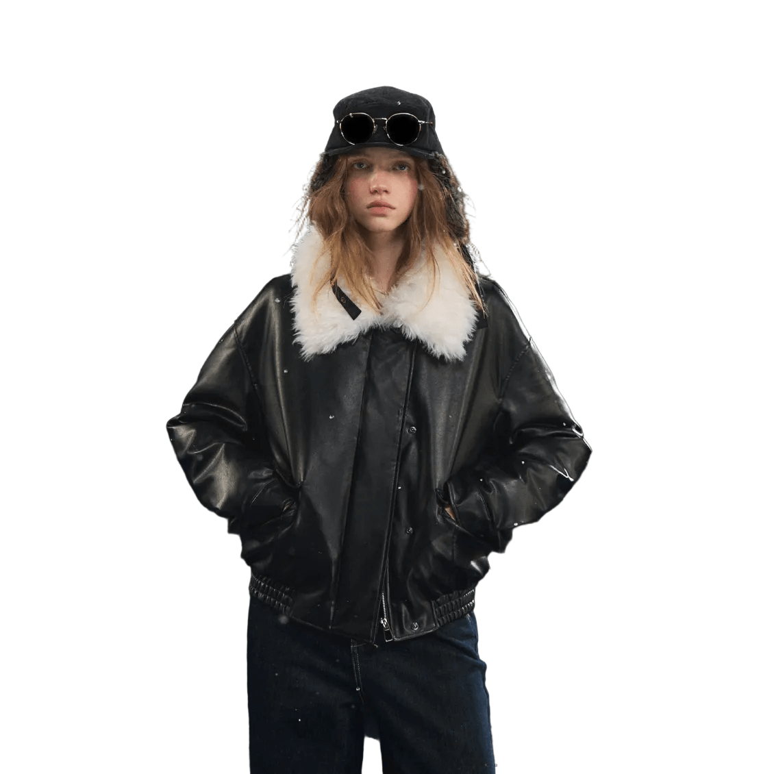 SOMESOWE Detachable Fur Collar Soft Leather Down Jacket In Black | MADAX