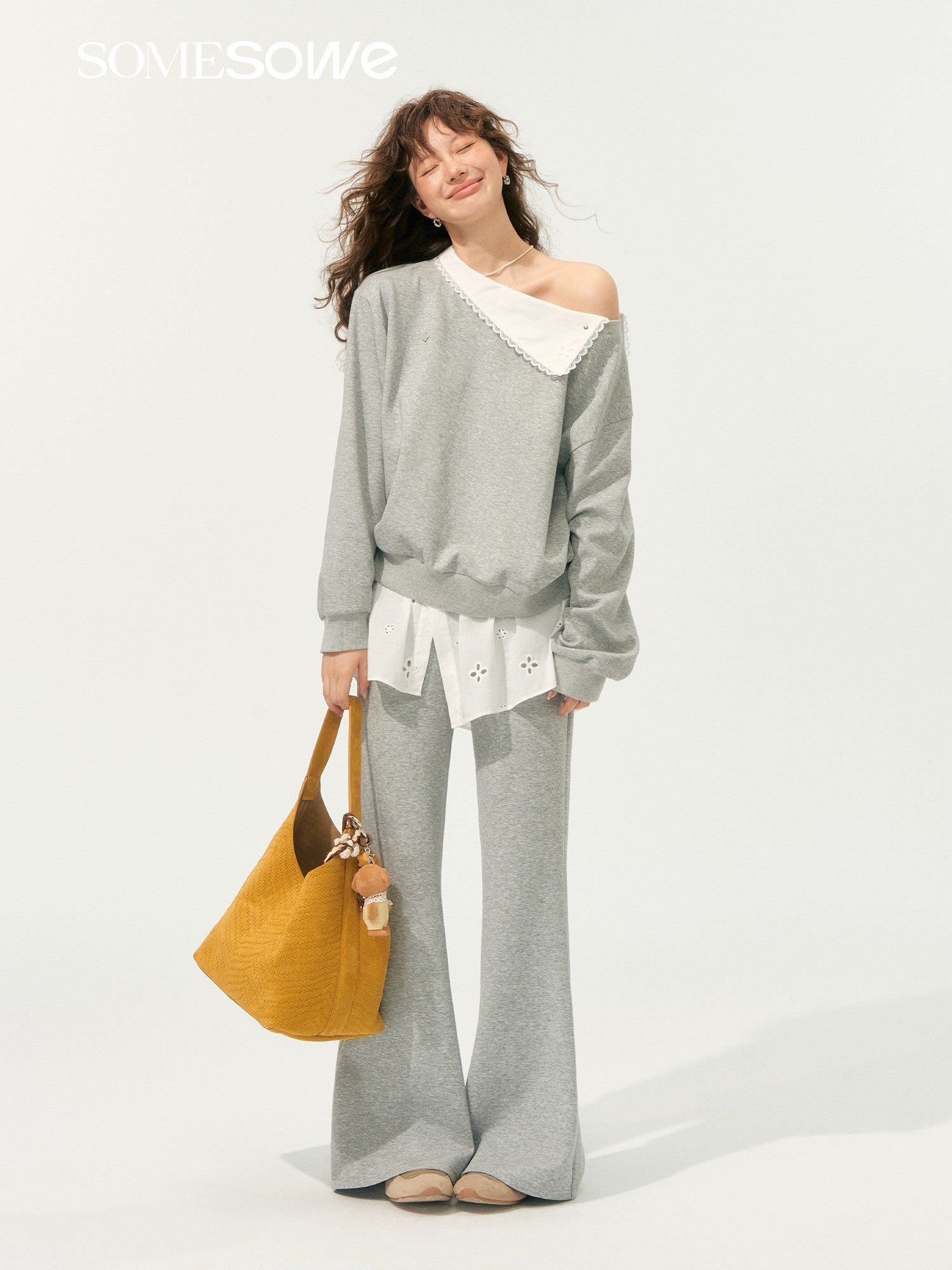 SOMESOWE Detachable Lapel Off - shoulder Sweatshirt In Gray | MADAX