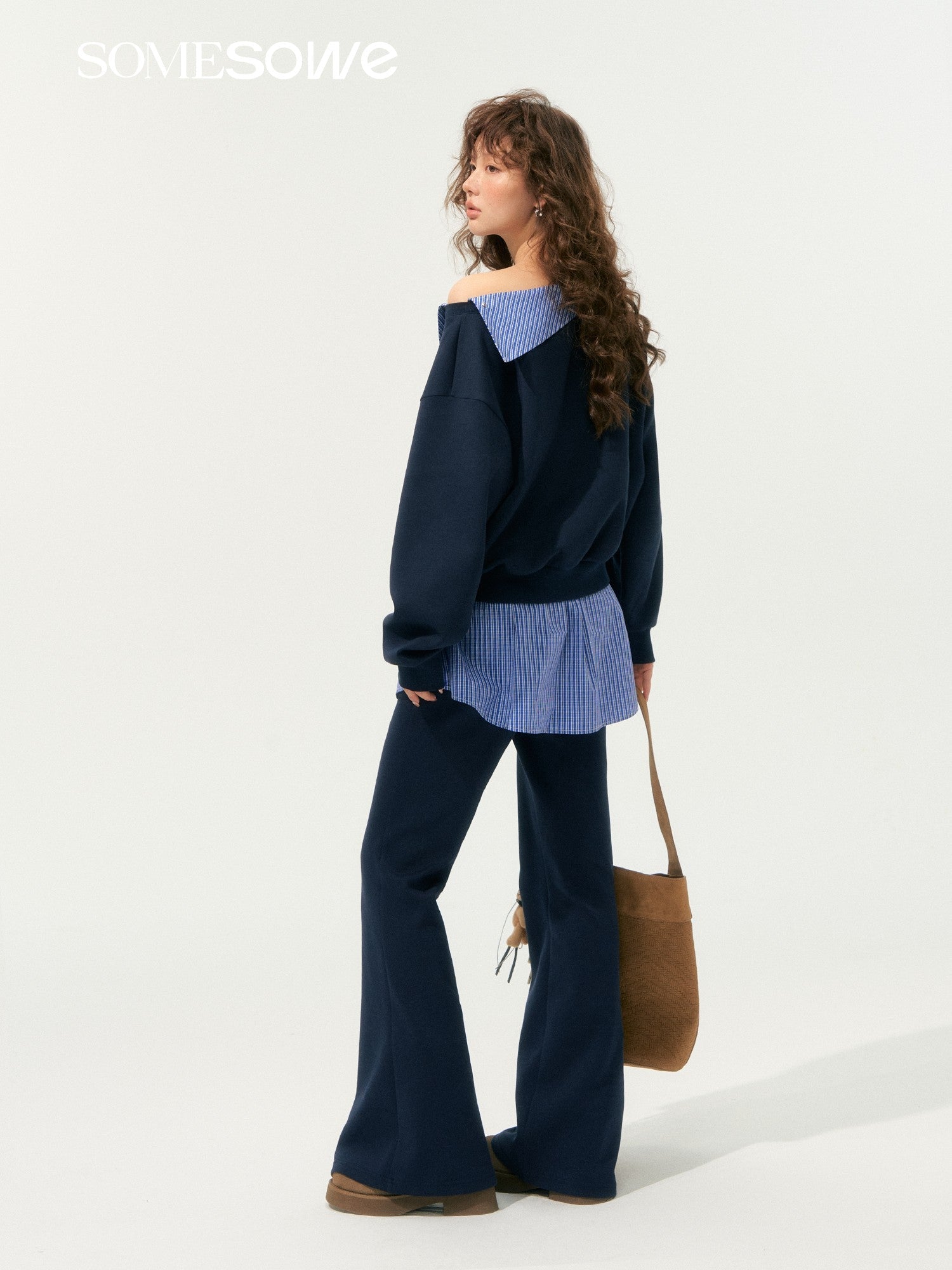 SOMESOWE Detachable Lapel Off - shoulder Sweatshirt In Navy Blue | MADAX