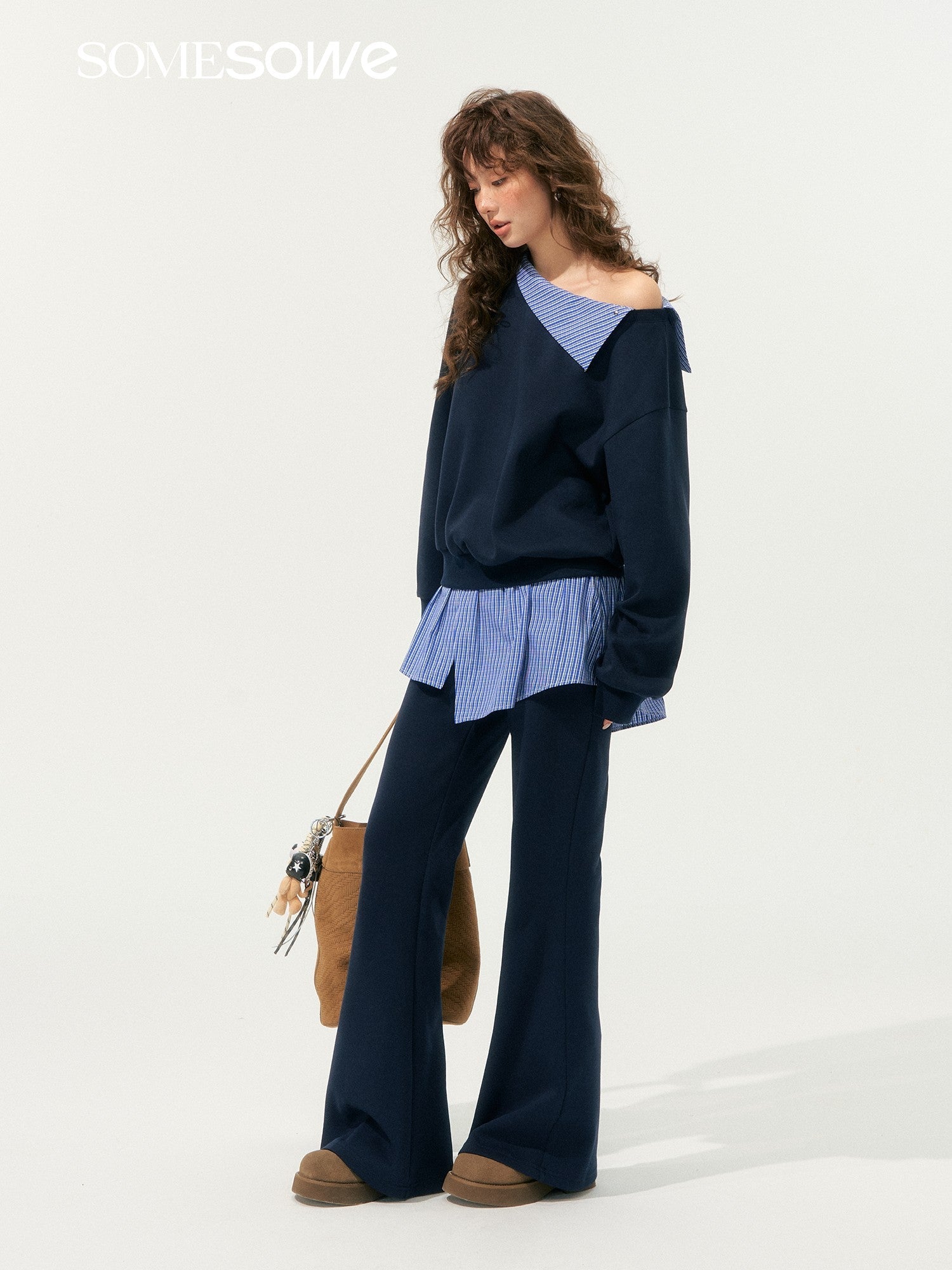 SOMESOWE Detachable Lapel Off - shoulder Sweatshirt In Navy Blue | MADAX