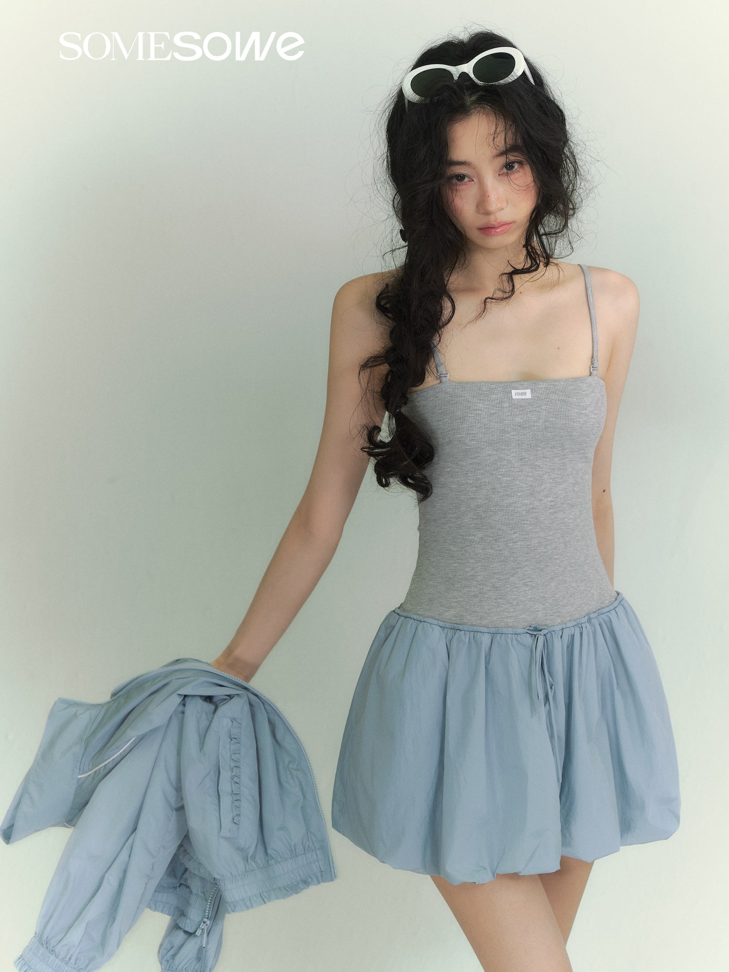SOMESOWE Detachable Strap Bandeau Tulip Dress In Light Blue and Gray | MADAX