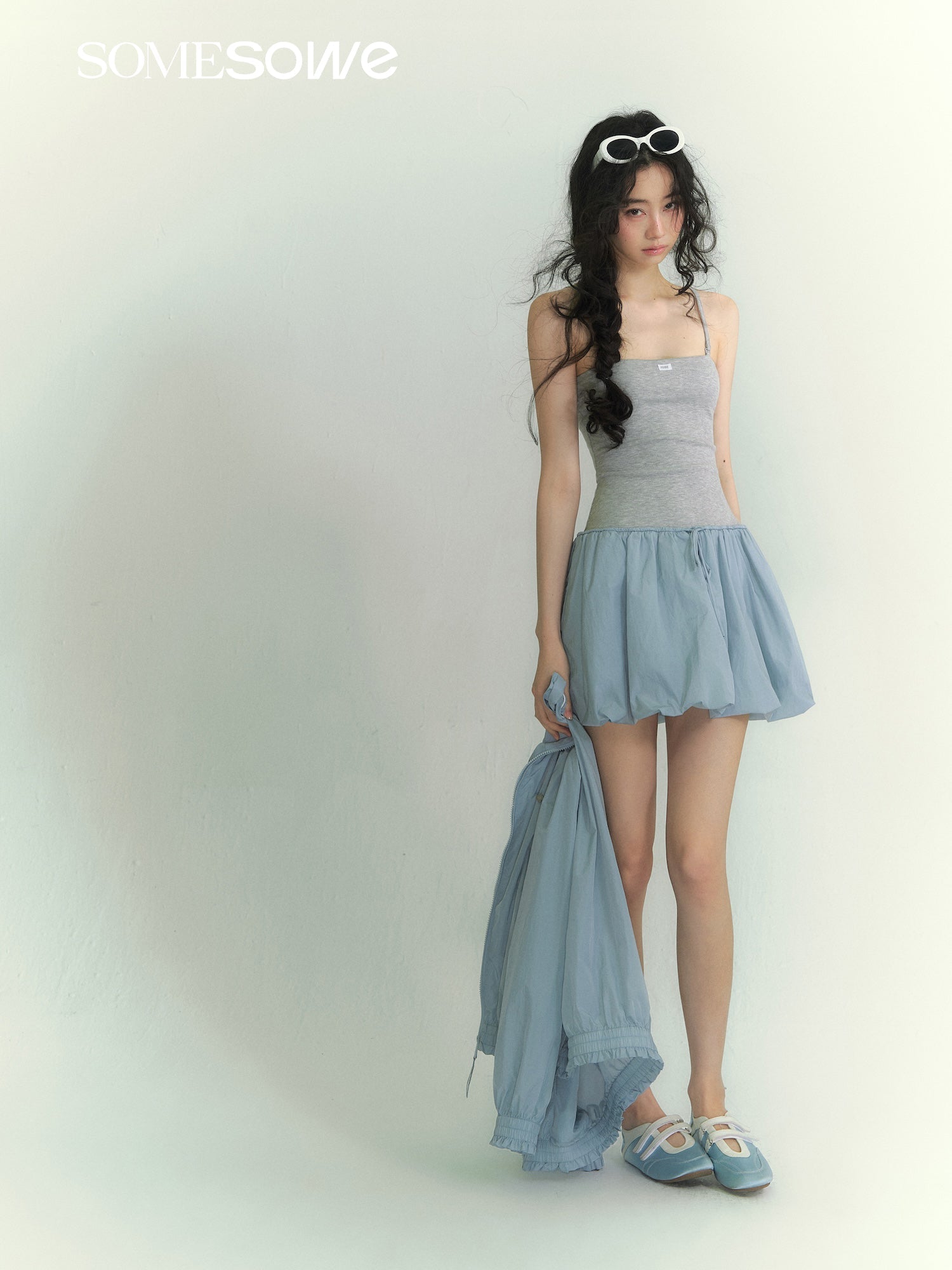SOMESOWE Detachable Strap Bandeau Tulip Dress In Light Blue and Gray | MADAX
