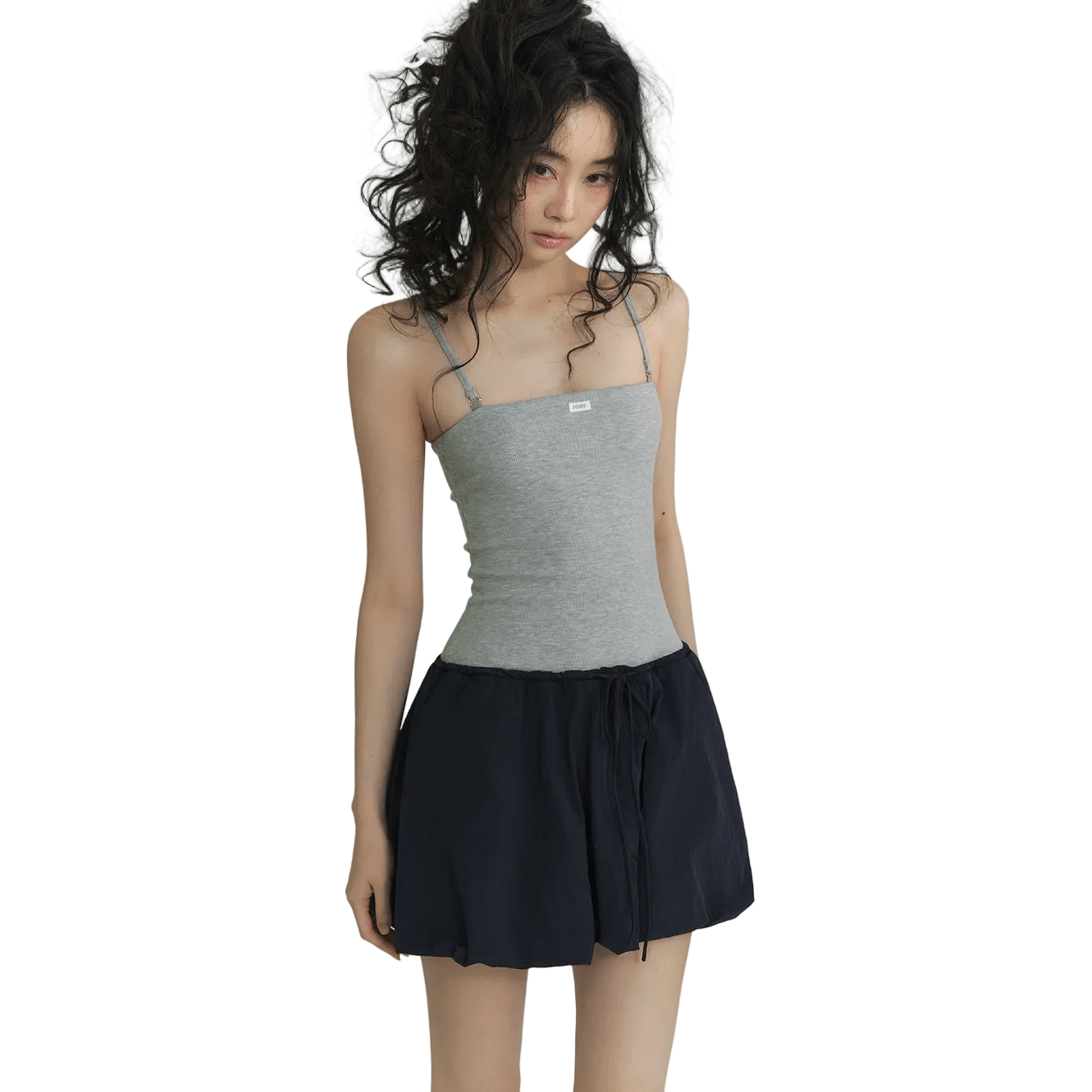 SOMESOWE Detachable Strap Bandeau Tulip Dress in Navy Blue and Grey | MADAX