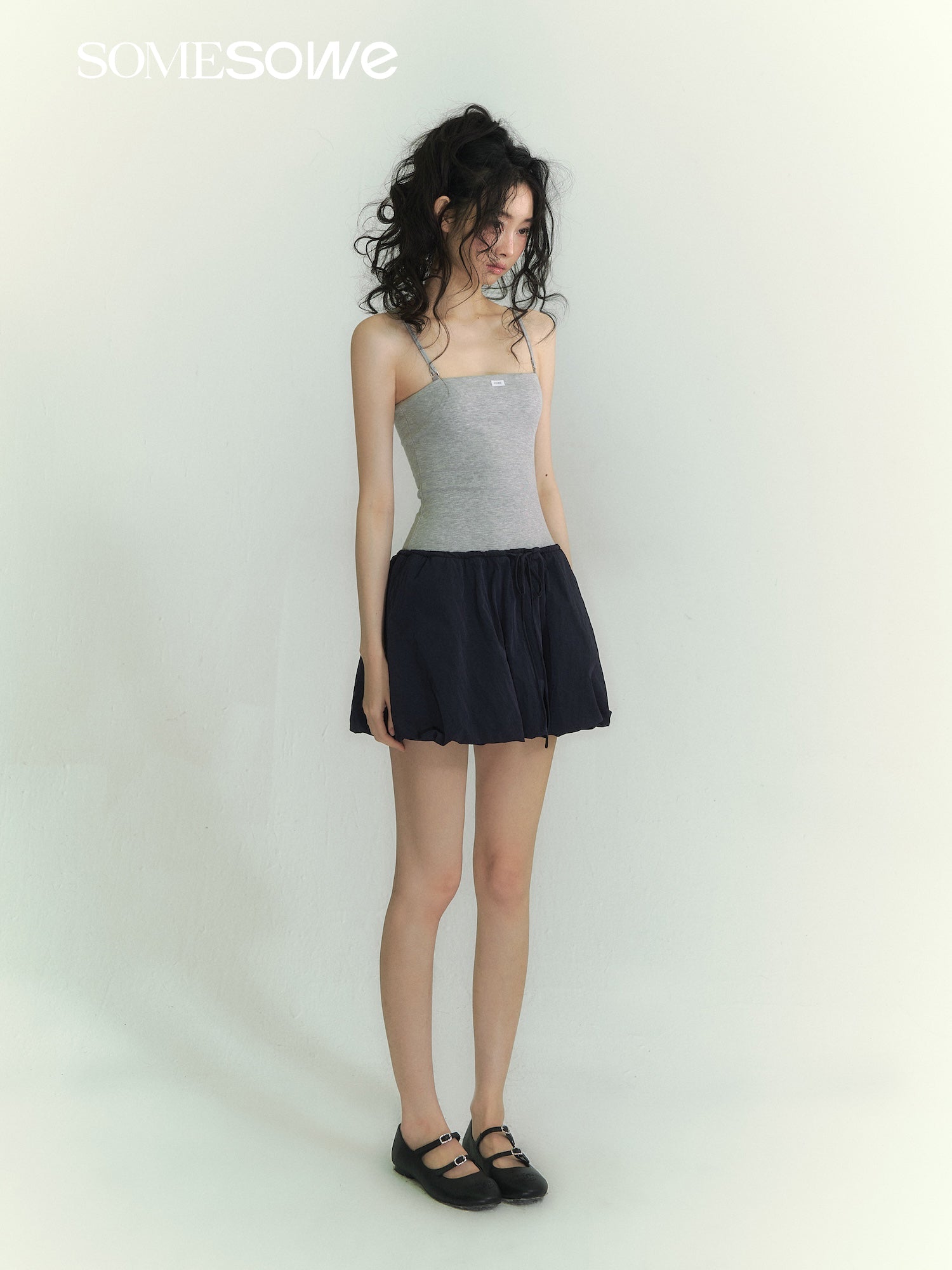 SOMESOWE Detachable Strap Bandeau Tulip Dress in Navy Blue and Grey | MADAX