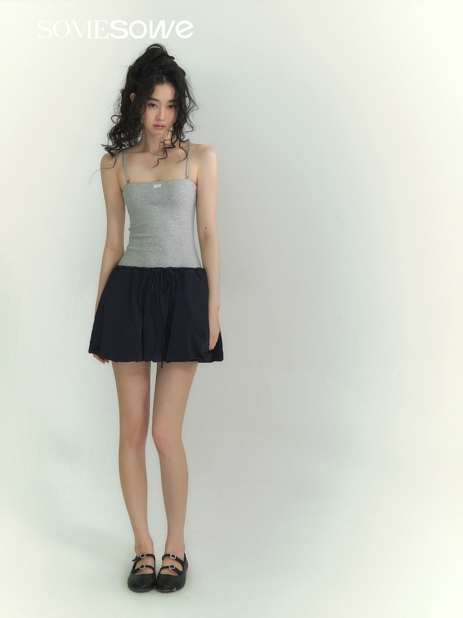 SOMESOWE Detachable Strap Bandeau Tulip Dress in Navy Blue and Grey | MADAX