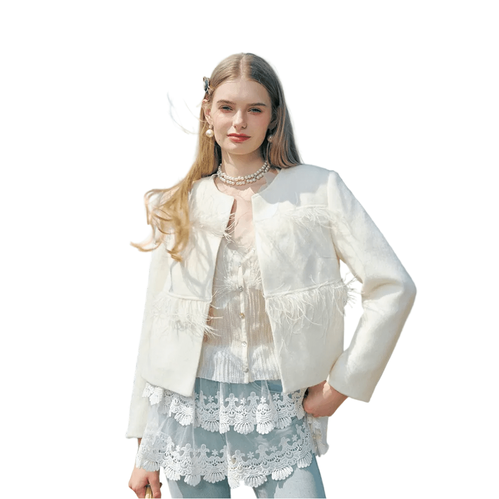 AIMME SPARROW Diamond Collar Feather Chanel - Style Jacket In White | MADAX