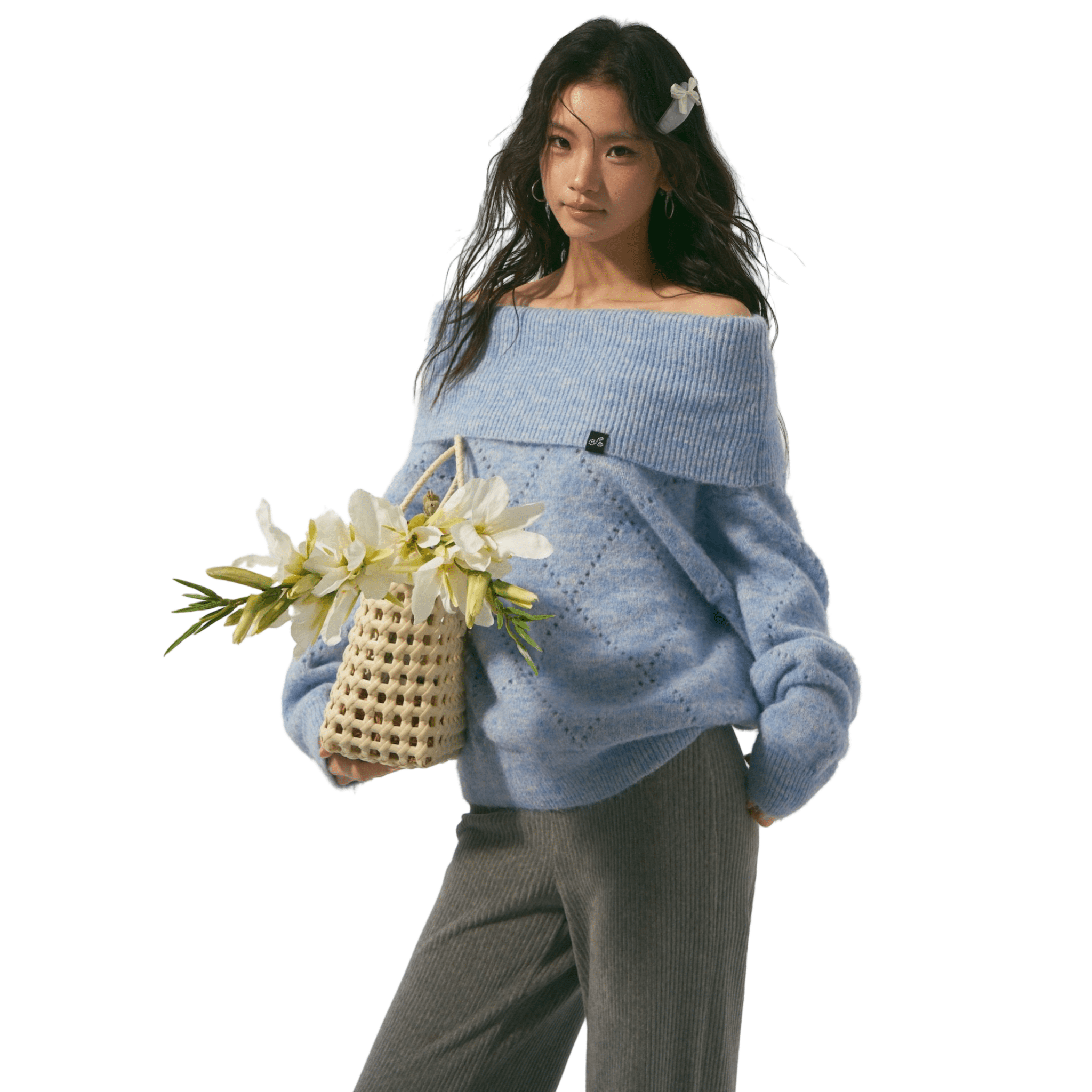 SOMESOWE Diamond - patterned Open - shoulder Sweater in Sky Blue | MADAX