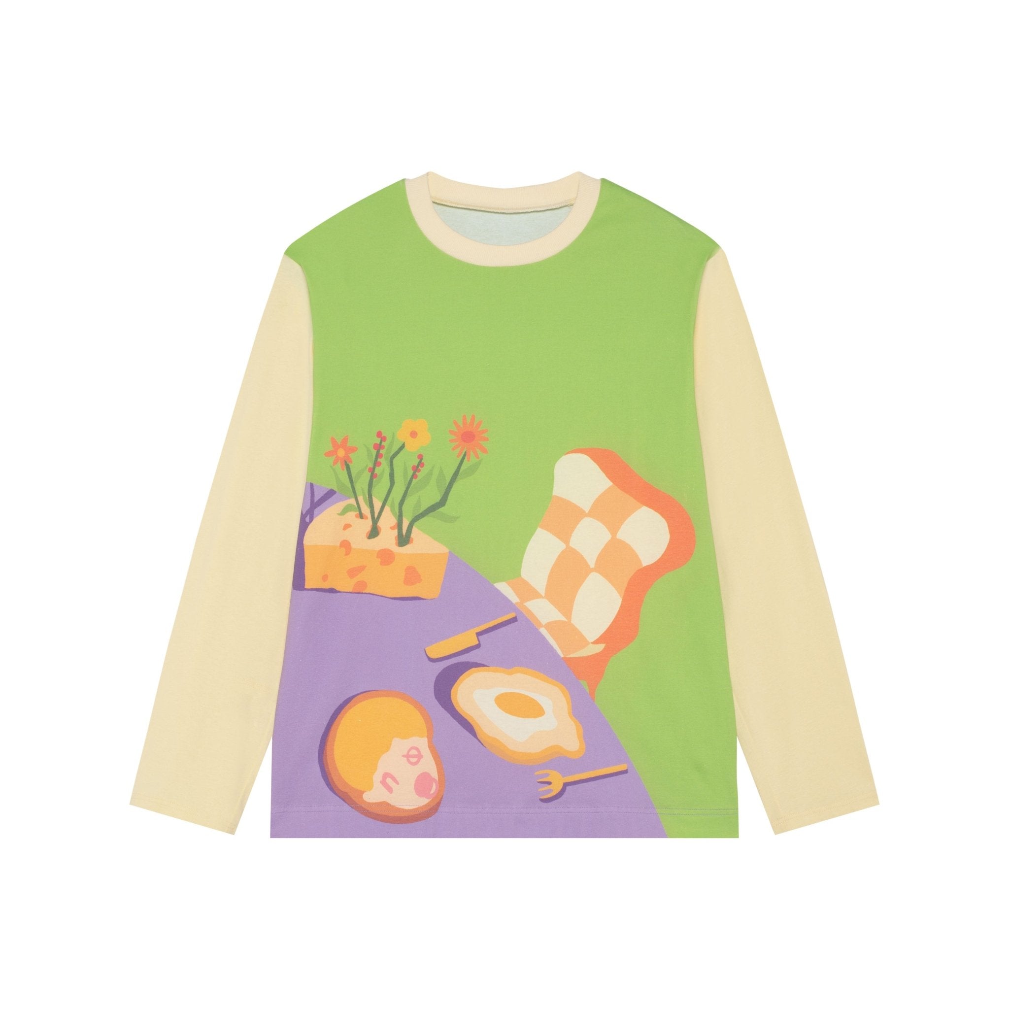 NOSENSE Dining Table Illustration Print Long Sleeve T - Shirt In Green and Purple | MADAX