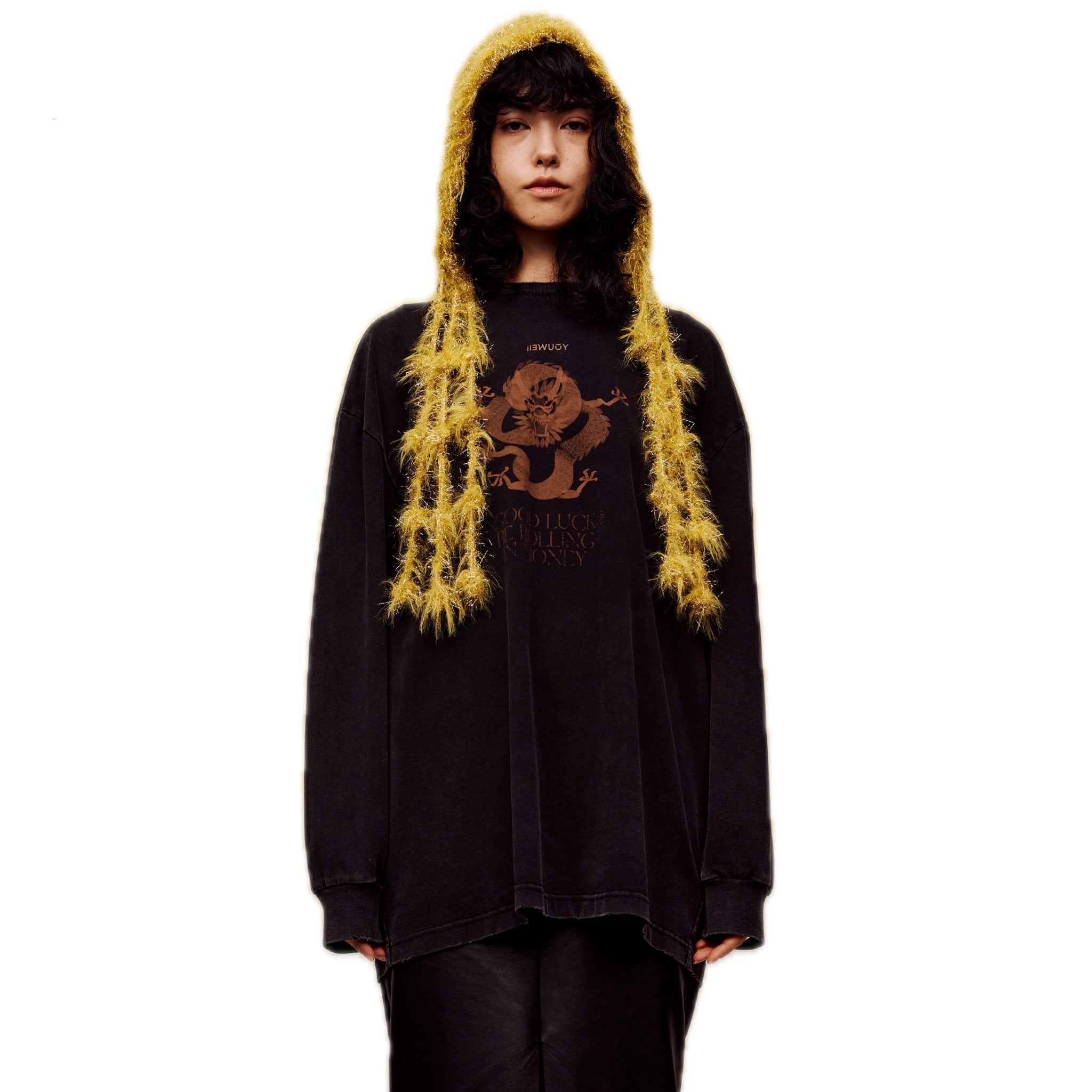 ilEWUOY Distressed Washed Printed Long-sleeved T-shirt in Black | MADA IN CHINA