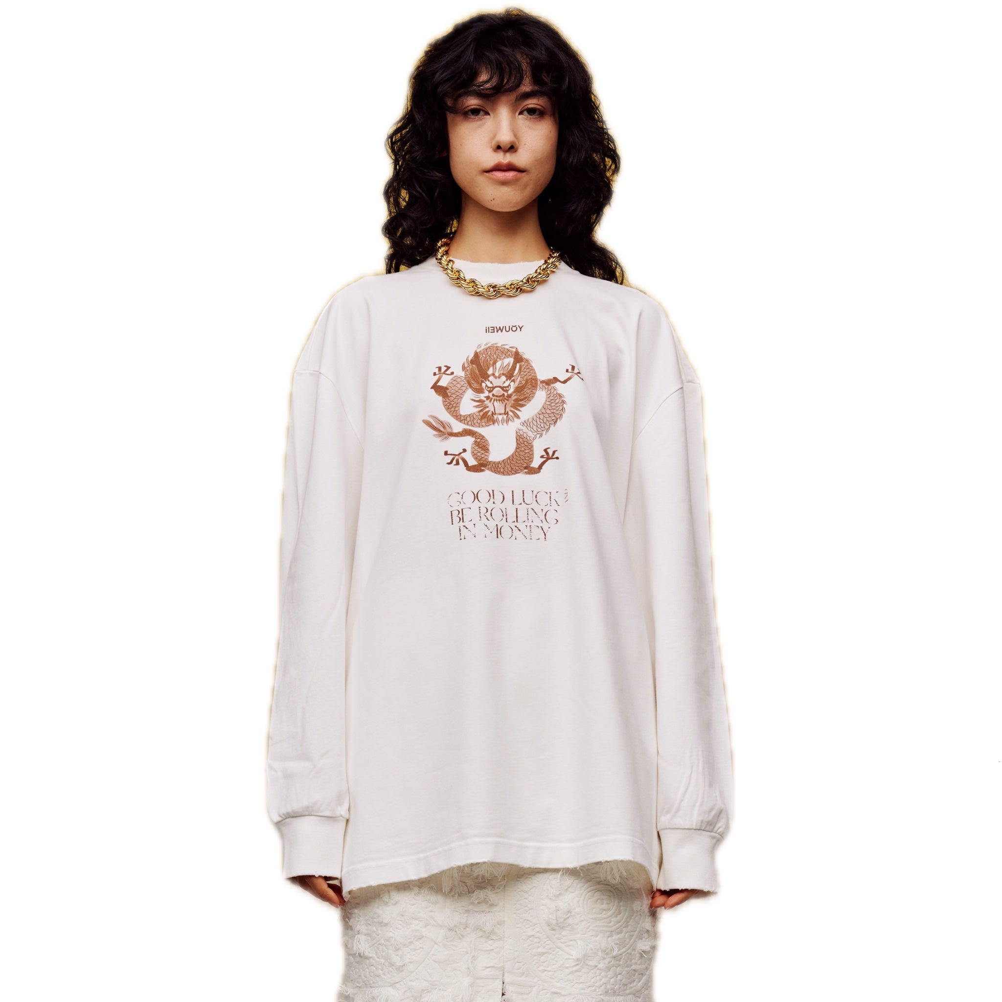 ilEWUOY Distressed Washed Printed Long-sleeved T-shirt in White | MADA IN CHINA