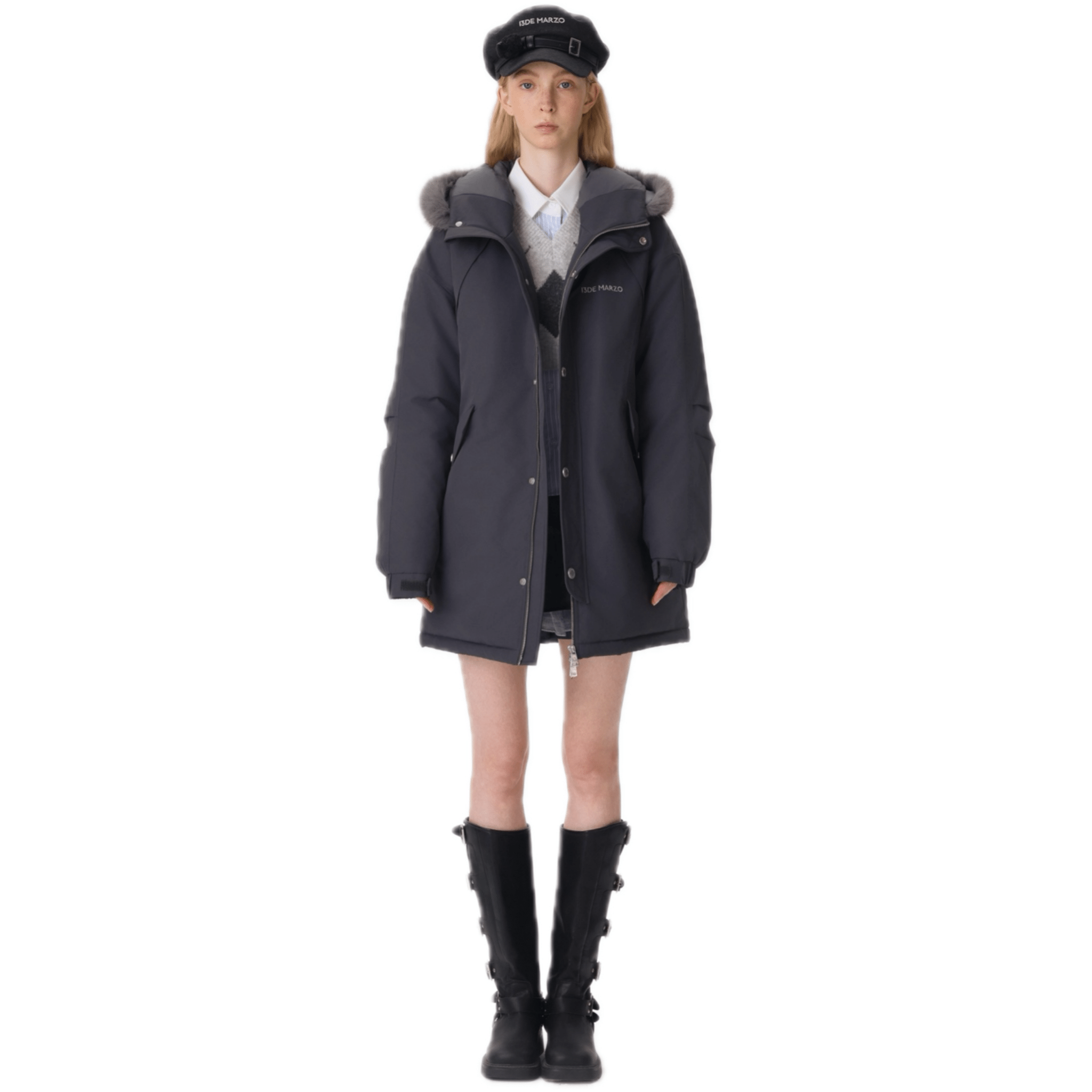 13DE MARZO Doll Fur Collar Parka Down Jacket in Dark Gray | MADAX