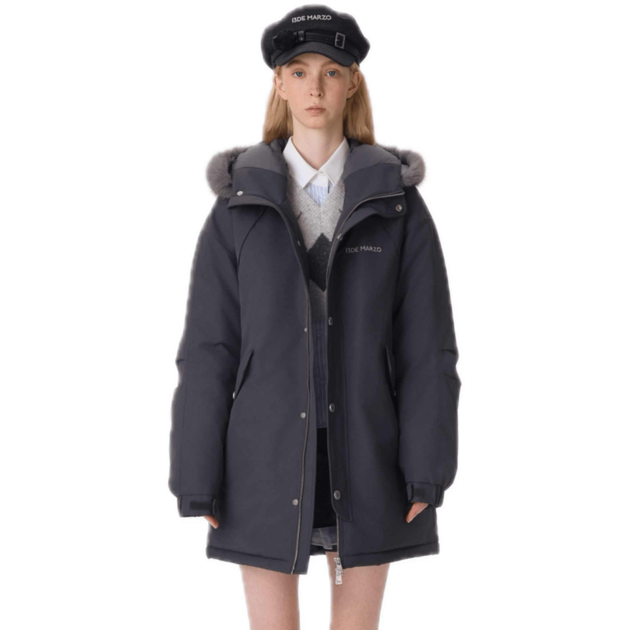 13DE MARZO Doll Fur Collar Parka Down Jacket in Dark Gray | MADAX
