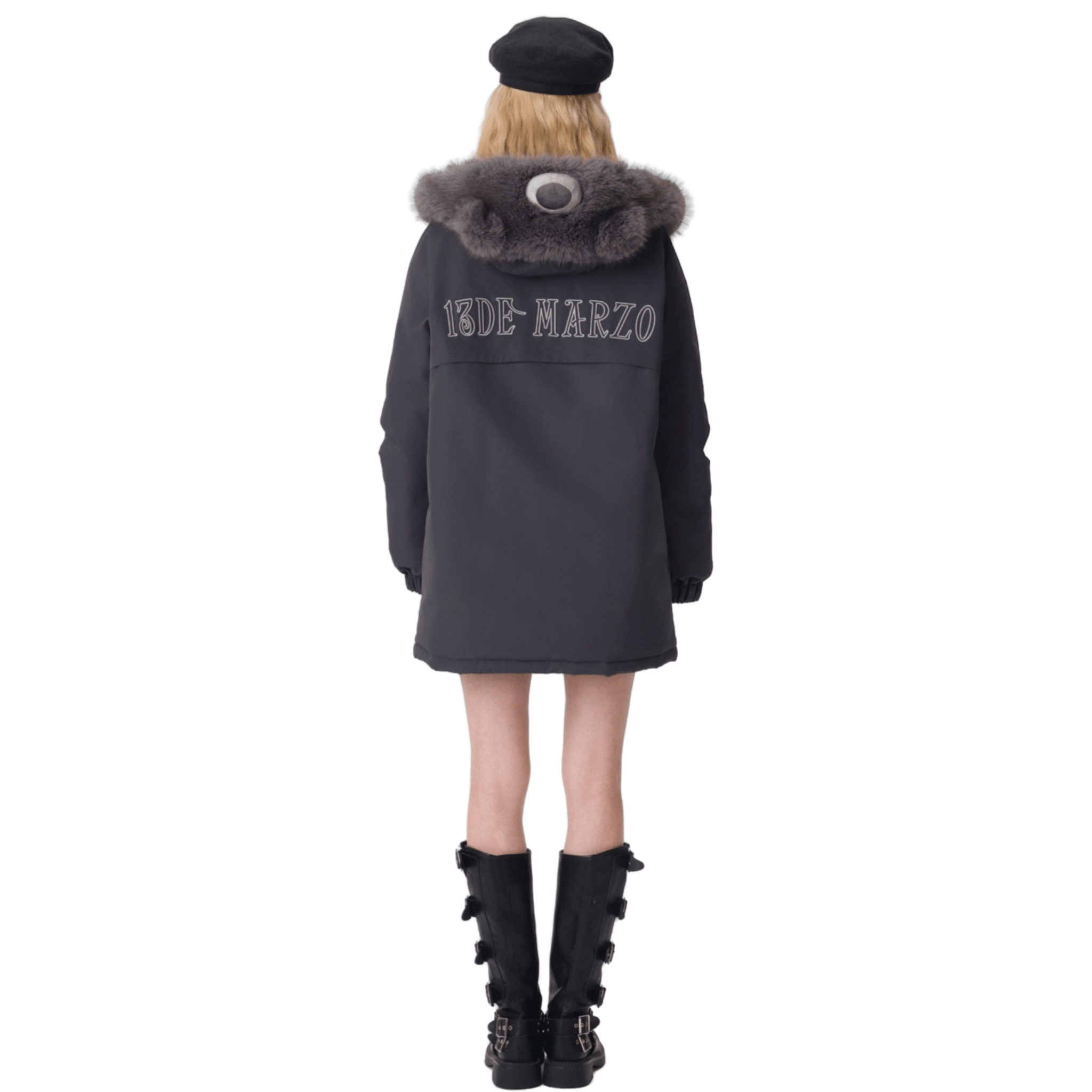 13DE MARZO Doll Fur Collar Parka Down Jacket in Dark Gray | MADAX