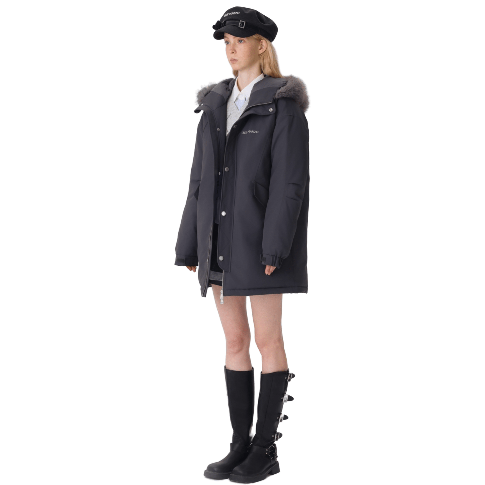 13DE MARZO Doll Fur Collar Parka Down Jacket in Dark Gray | MADAX