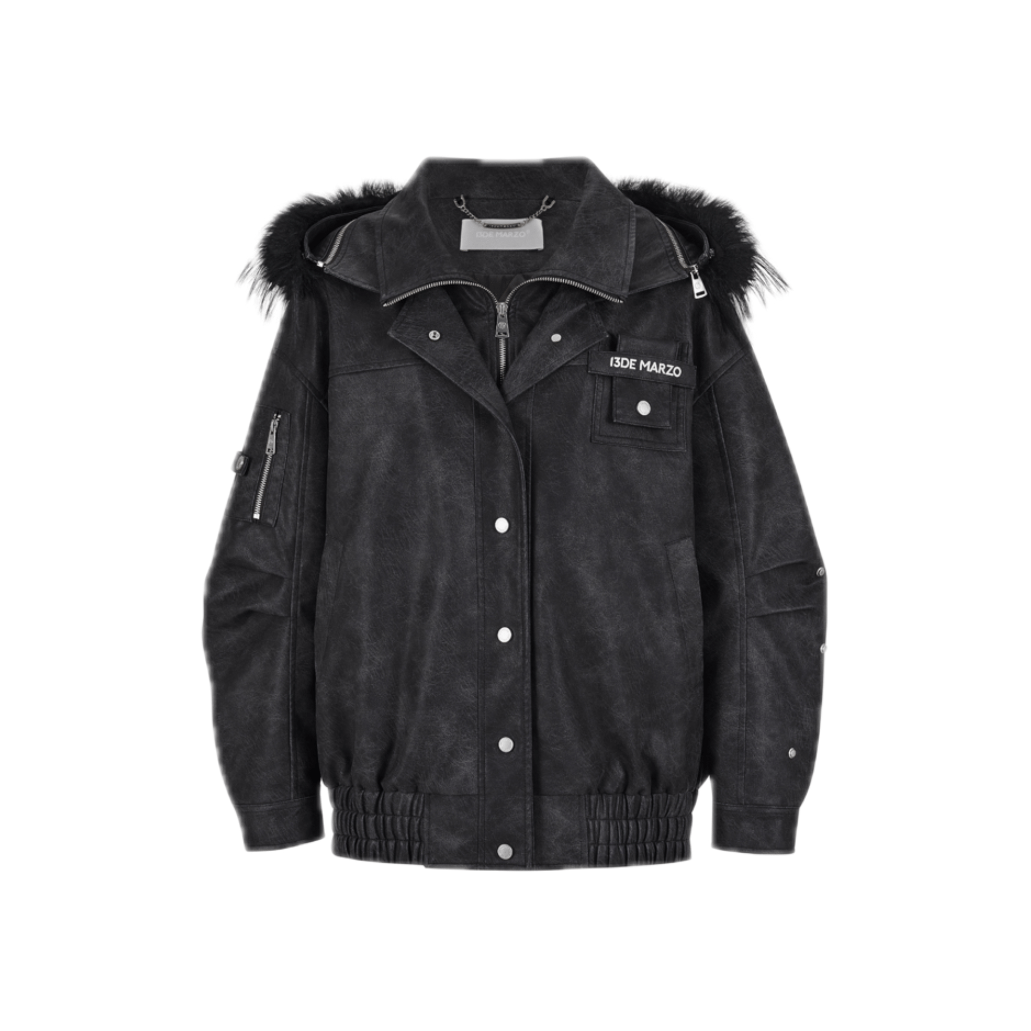 13DE MARZO Doozoo Detachable Fur Collar Leather Jacket in Black | MADAX