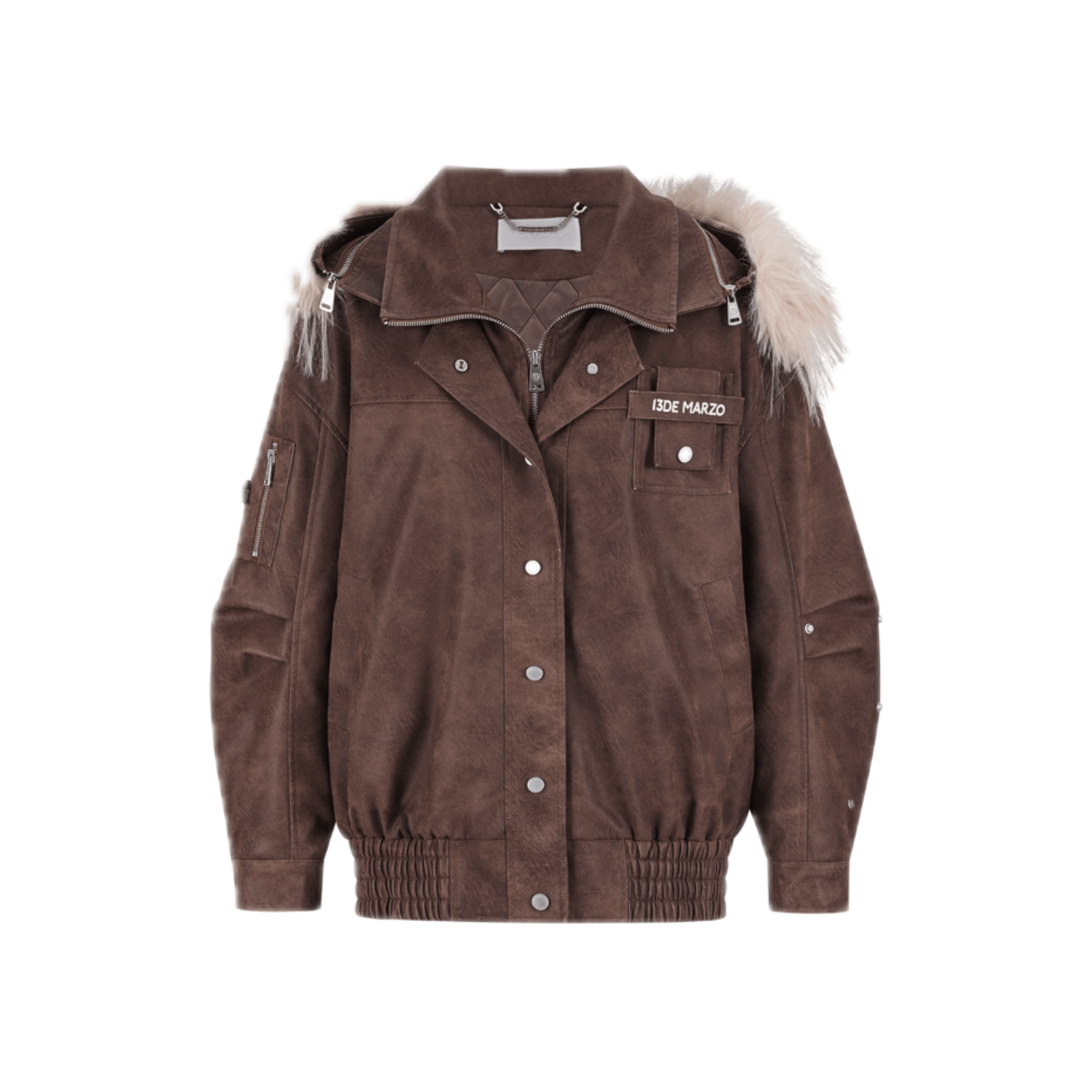 13DE MARZO Doozoo Detachable Fur Collar Leather Jacket in Khaki | MADAX