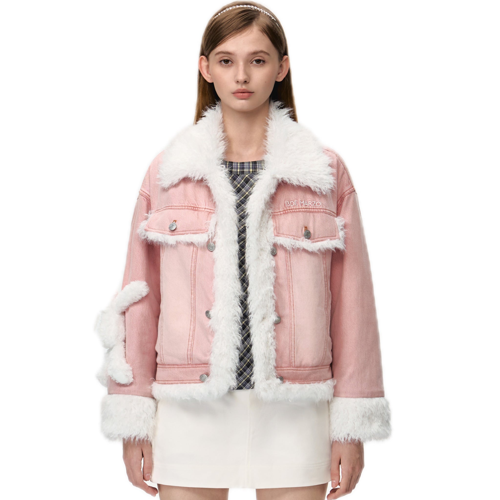 13DE MARZO Doozoo Fleece Denim Jacket In Pink | MADAX