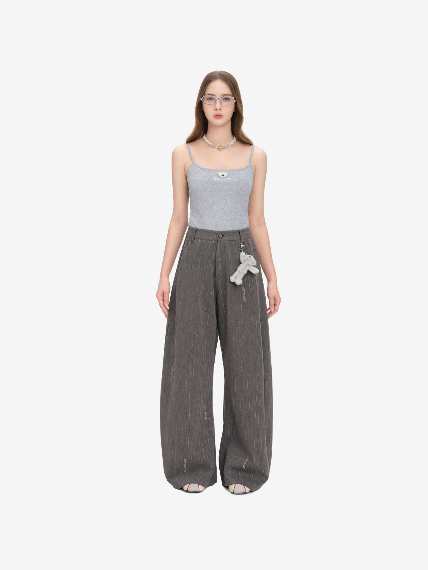 13DE MARZO DOOZOO Wide-leg Curved Striped Faux Diamond-embellished Trousers in Grey | MADAX