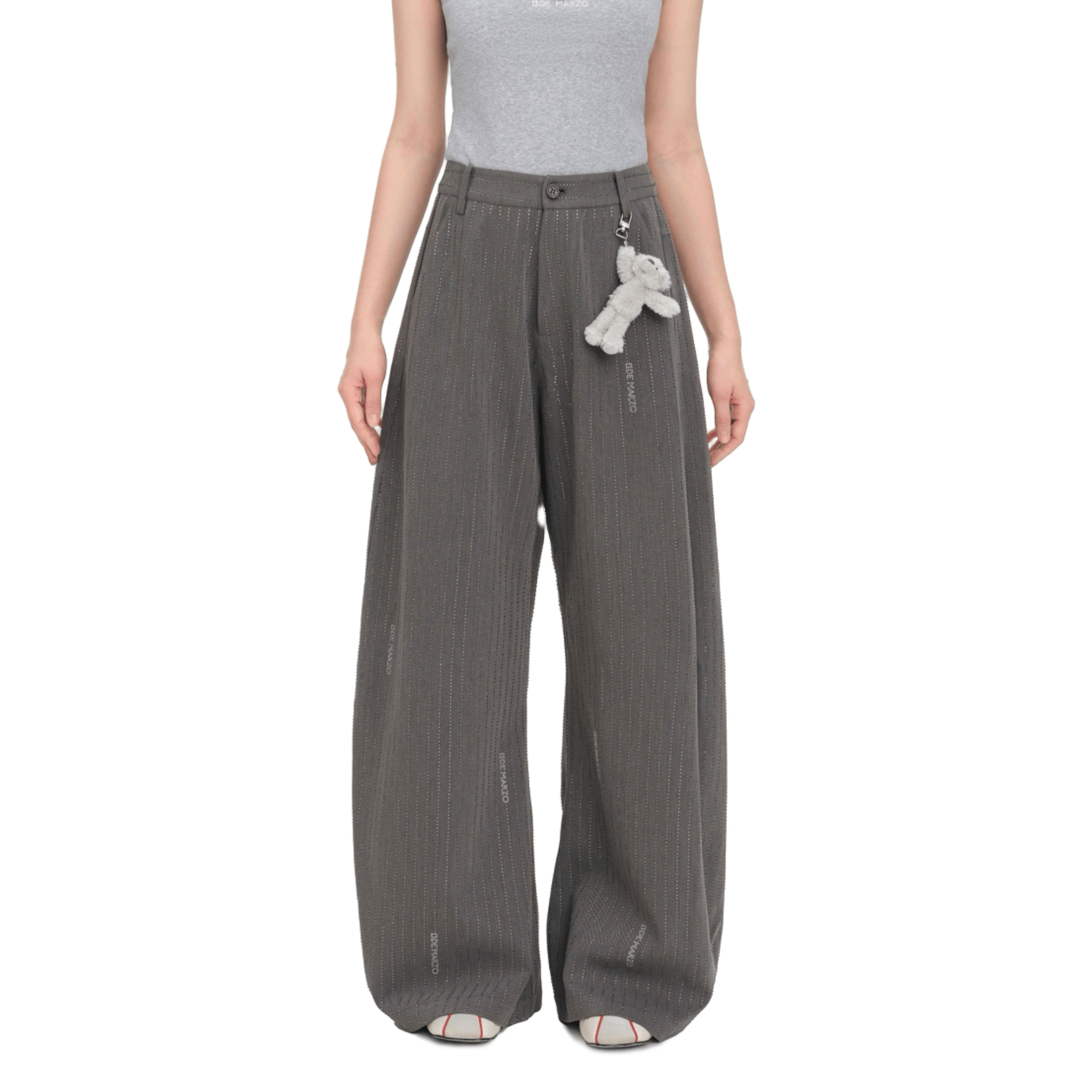 13DE MARZO DOOZOO Wide-leg Curved Striped Faux Diamond-embellished Trousers in Grey | MADAX