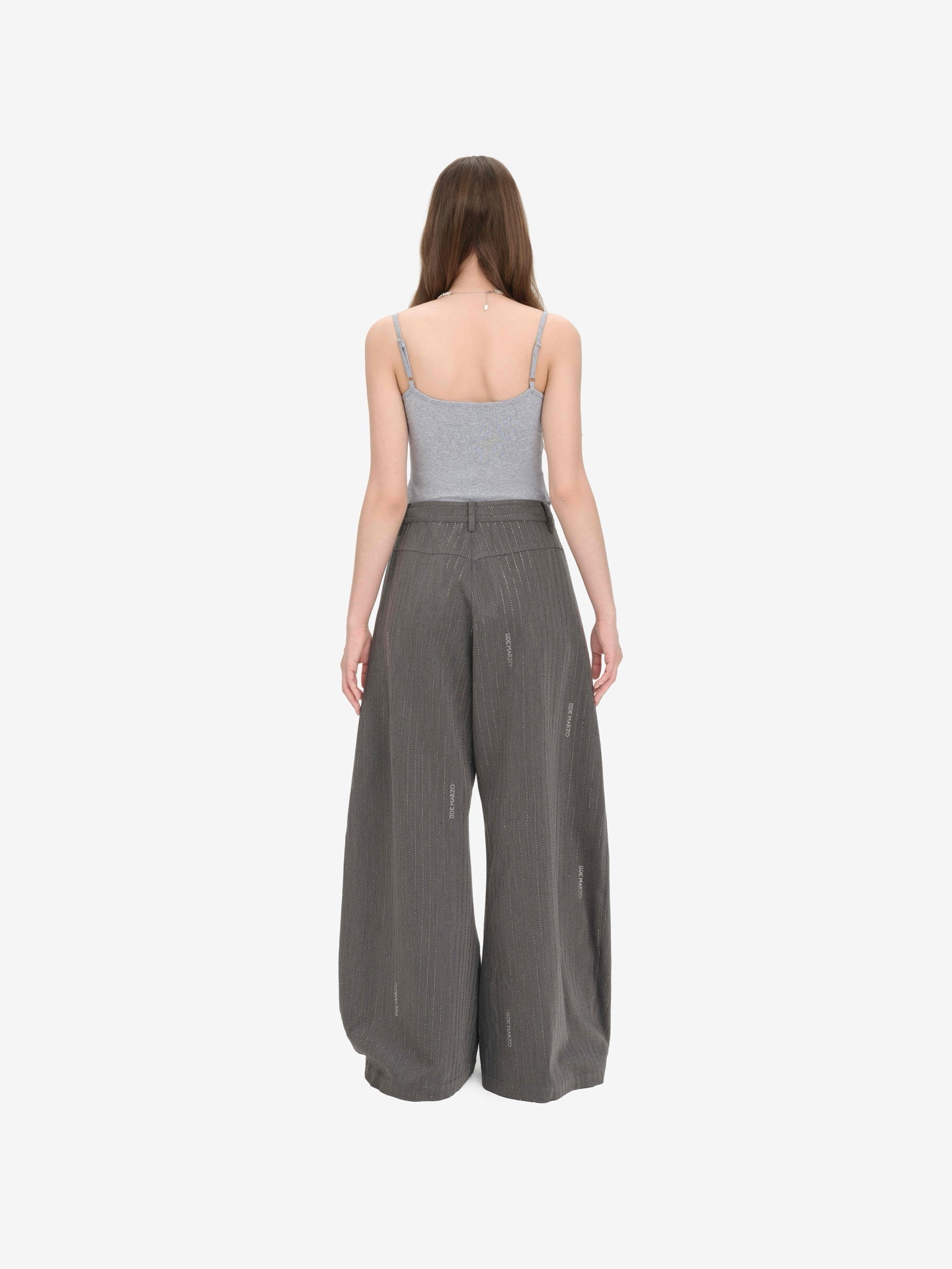 13DE MARZO DOOZOO Wide-leg Curved Striped Faux Diamond-embellished Trousers in Grey | MADAX