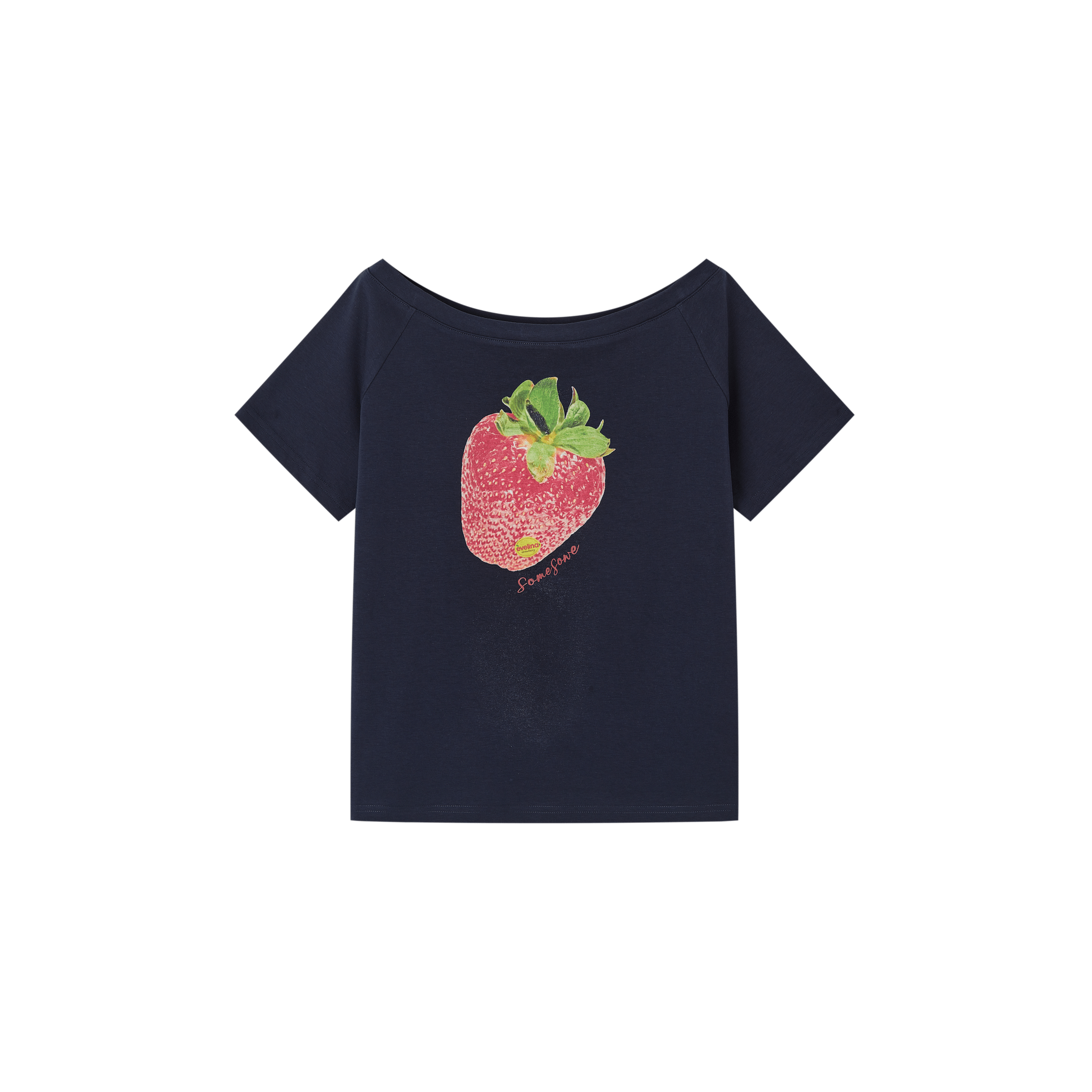 SOMESOWE Dopamine Strawberry Off-Shoulder T-Shirt in Navy Blue | MADAX