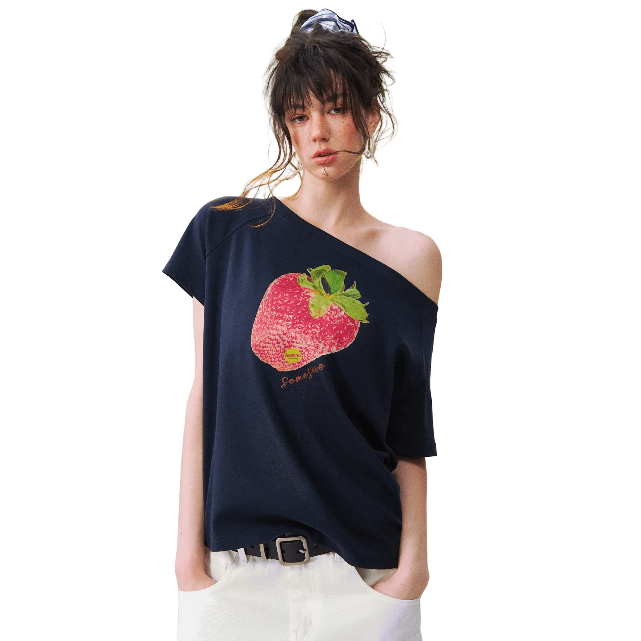 SOMESOWE Dopamine Strawberry Off-Shoulder T-Shirt in Navy Blue | MADAX