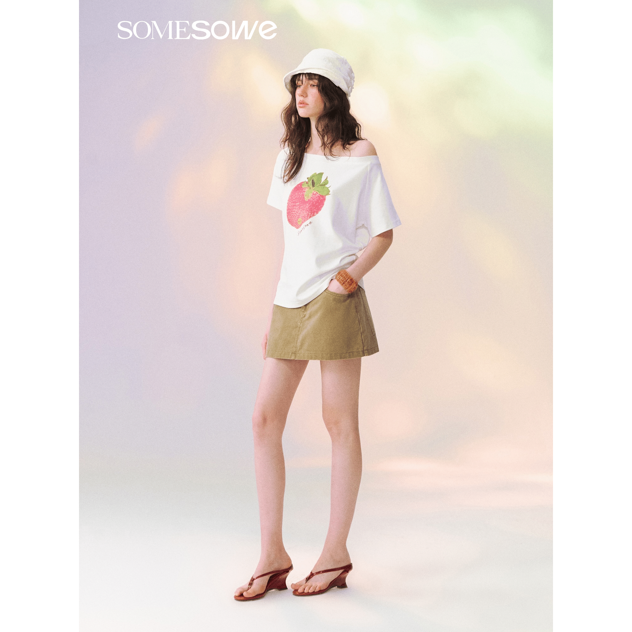 SOMESOWE Dopamine Strawberry Off-Shoulder T-Shirt in White | MADAX