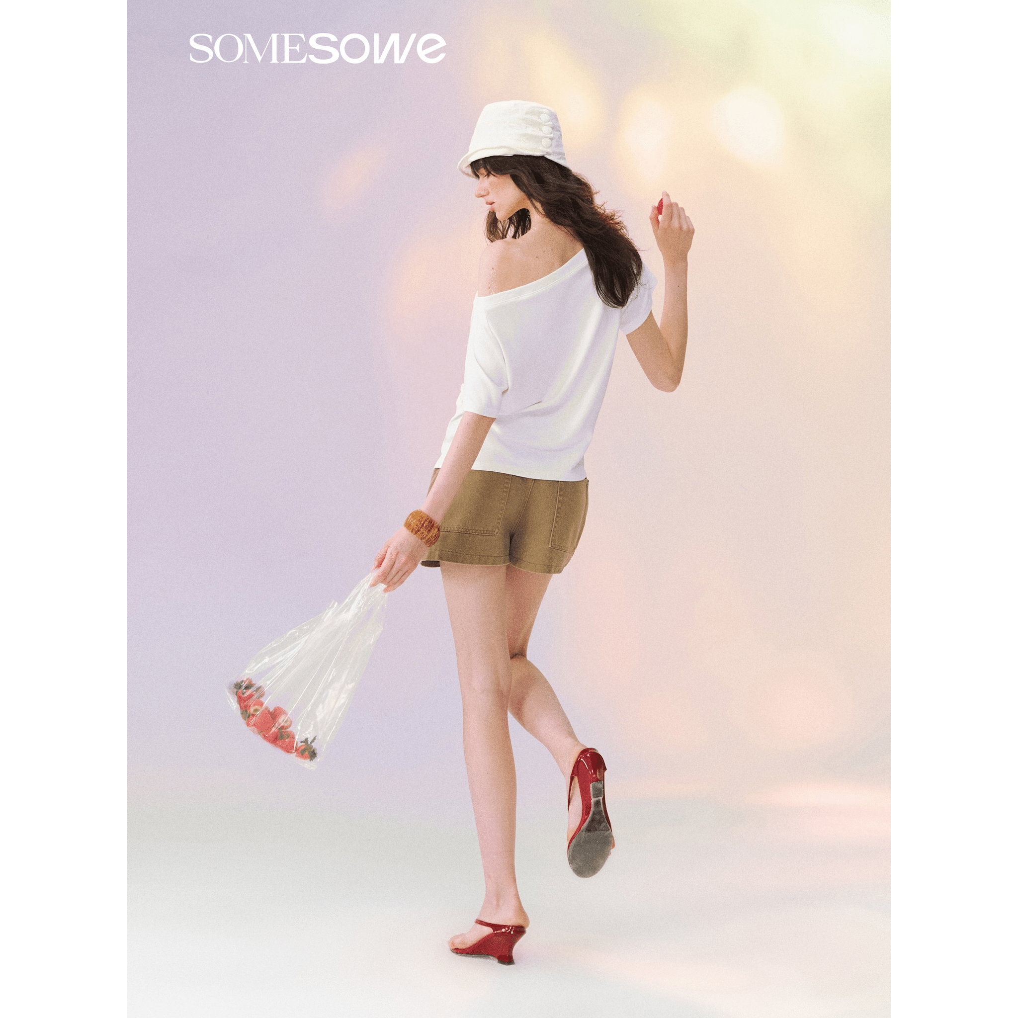 SOMESOWE Dopamine Strawberry Off-Shoulder T-Shirt in White | MADAX