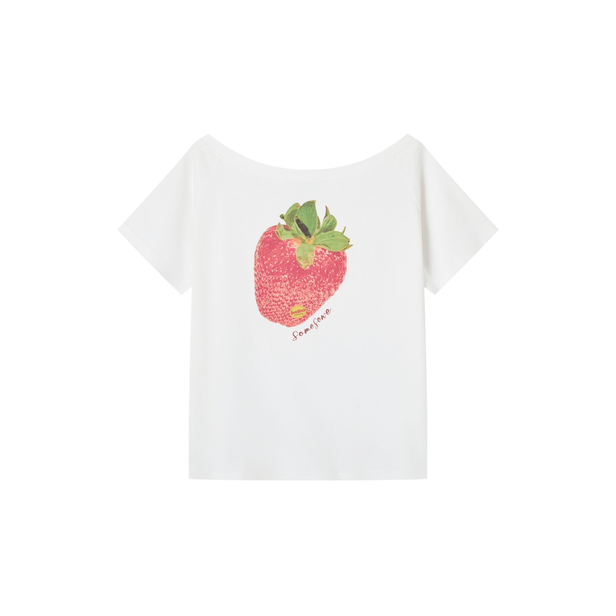 SOMESOWE Dopamine Strawberry Off-Shoulder T-Shirt in White | MADAX