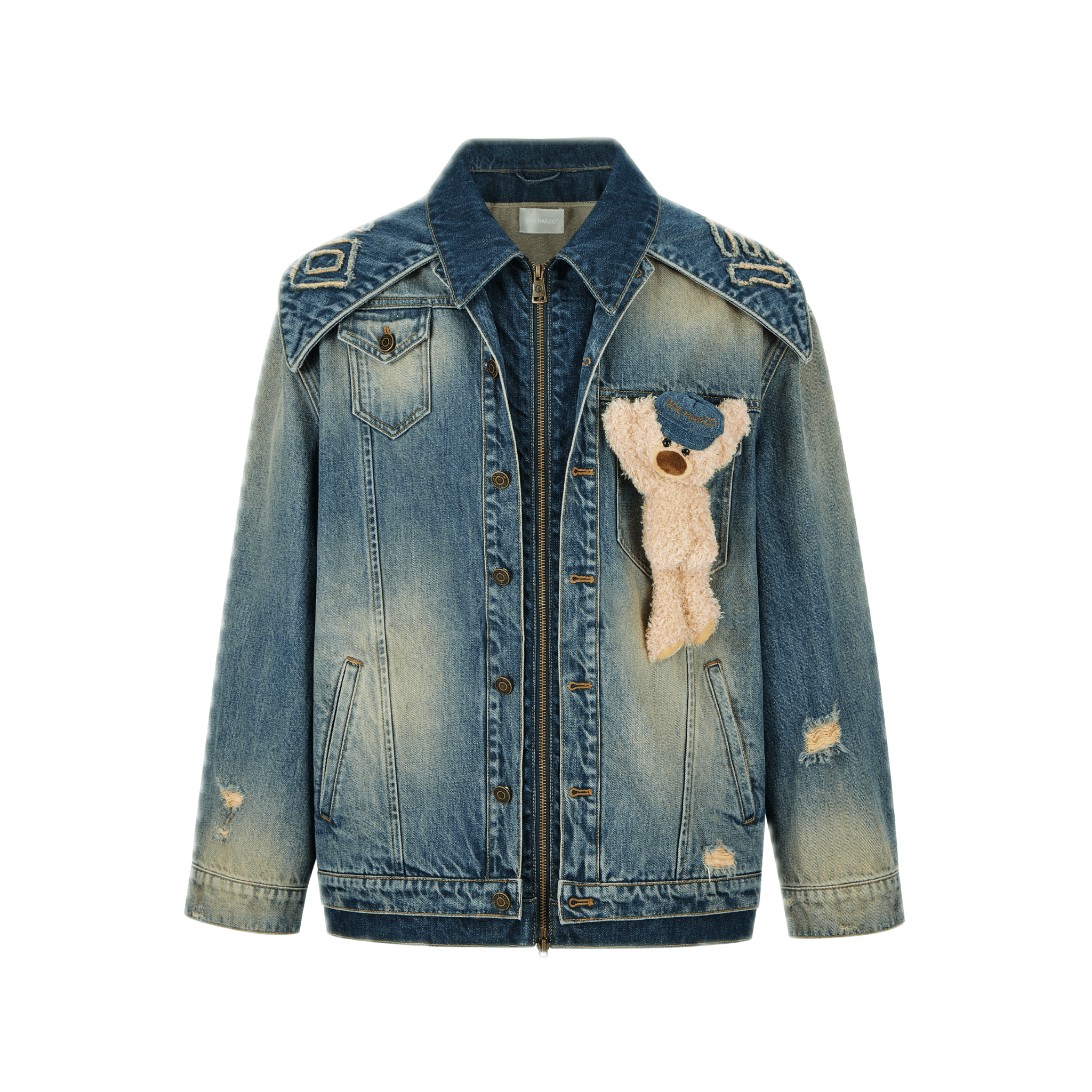 13DE MARZO Double Collar Denim Jacket in Vintage Blue | MADAX