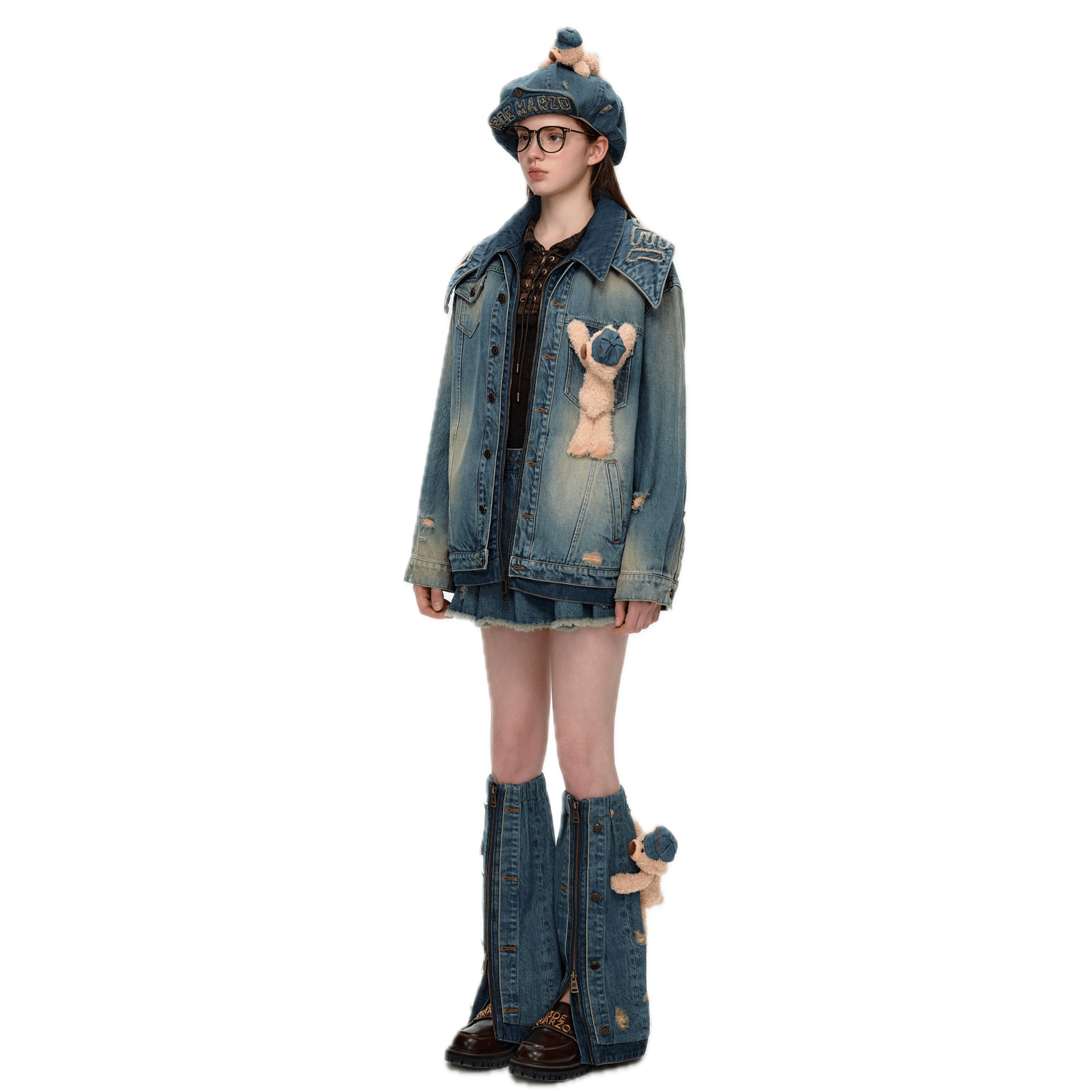 13DE MARZO Double Collar Denim Jacket in Vintage Blue | MADAX