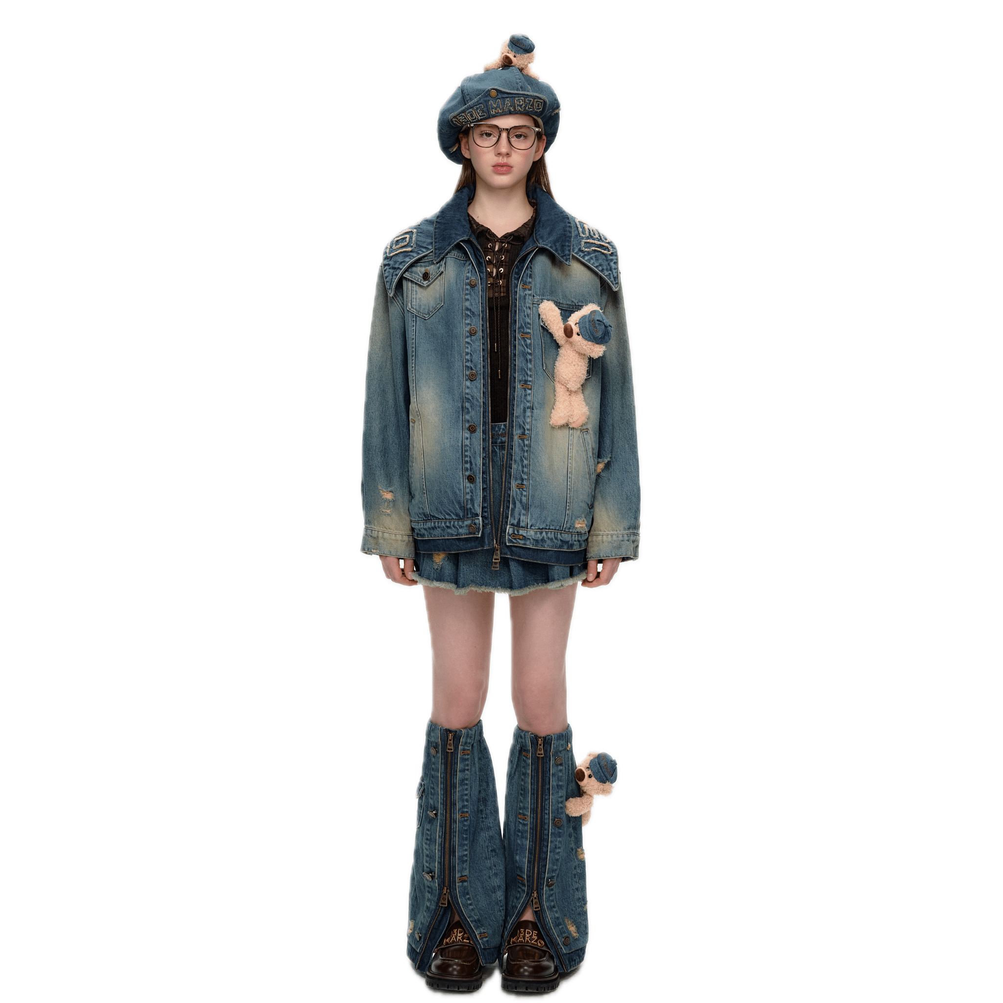 13DE MARZO Double Collar Denim Jacket in Vintage Blue | MADAX