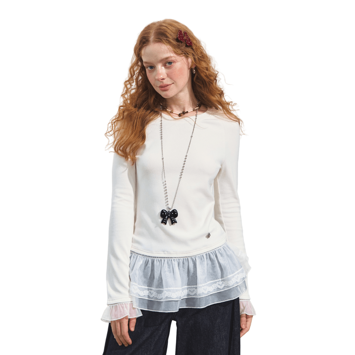 SOMESOWE Double - layer Lace Raglan Sleeve Warm Top In White | MADAX