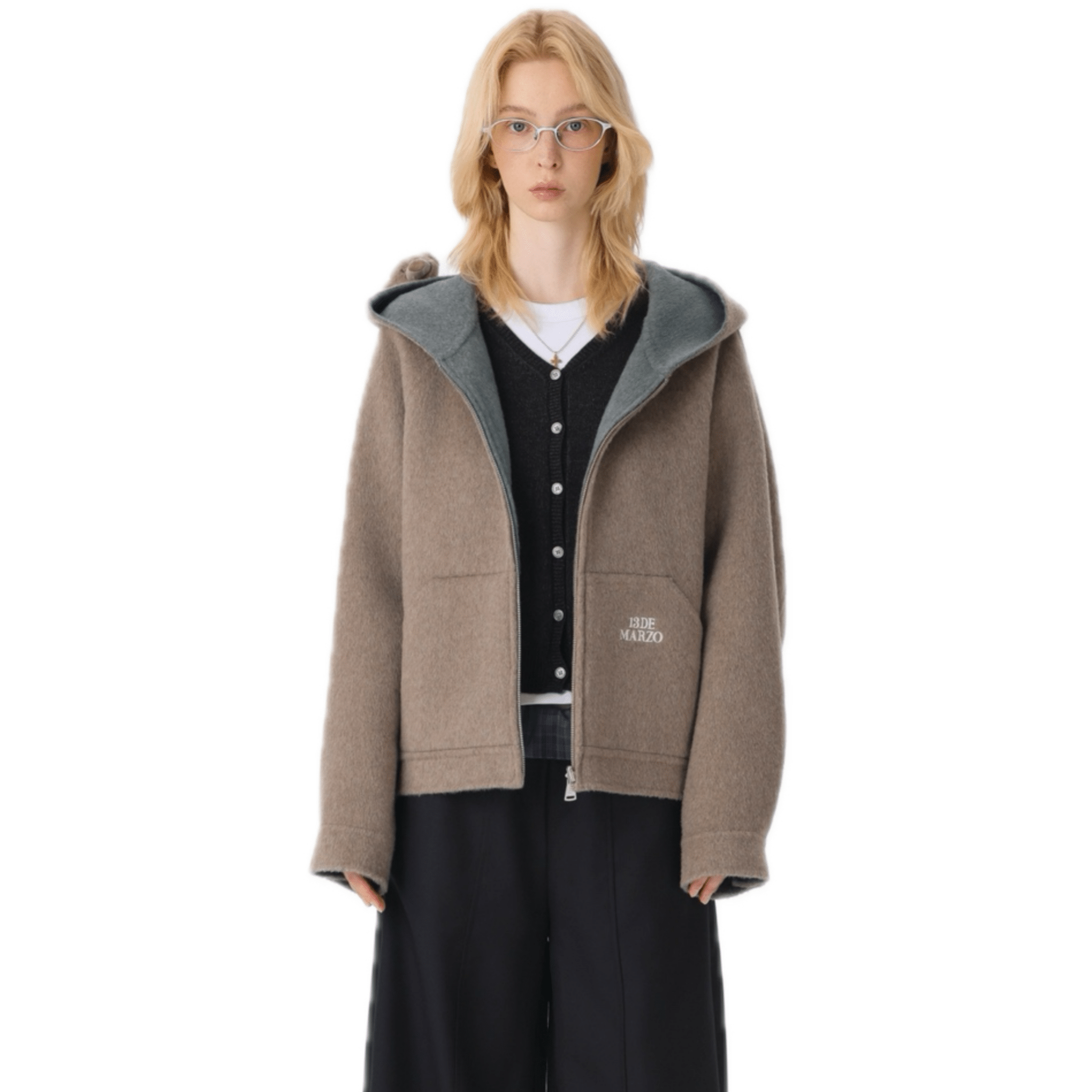 13DE MARZO Double - sided Hooded Jacket in Brown - grey | MADAX