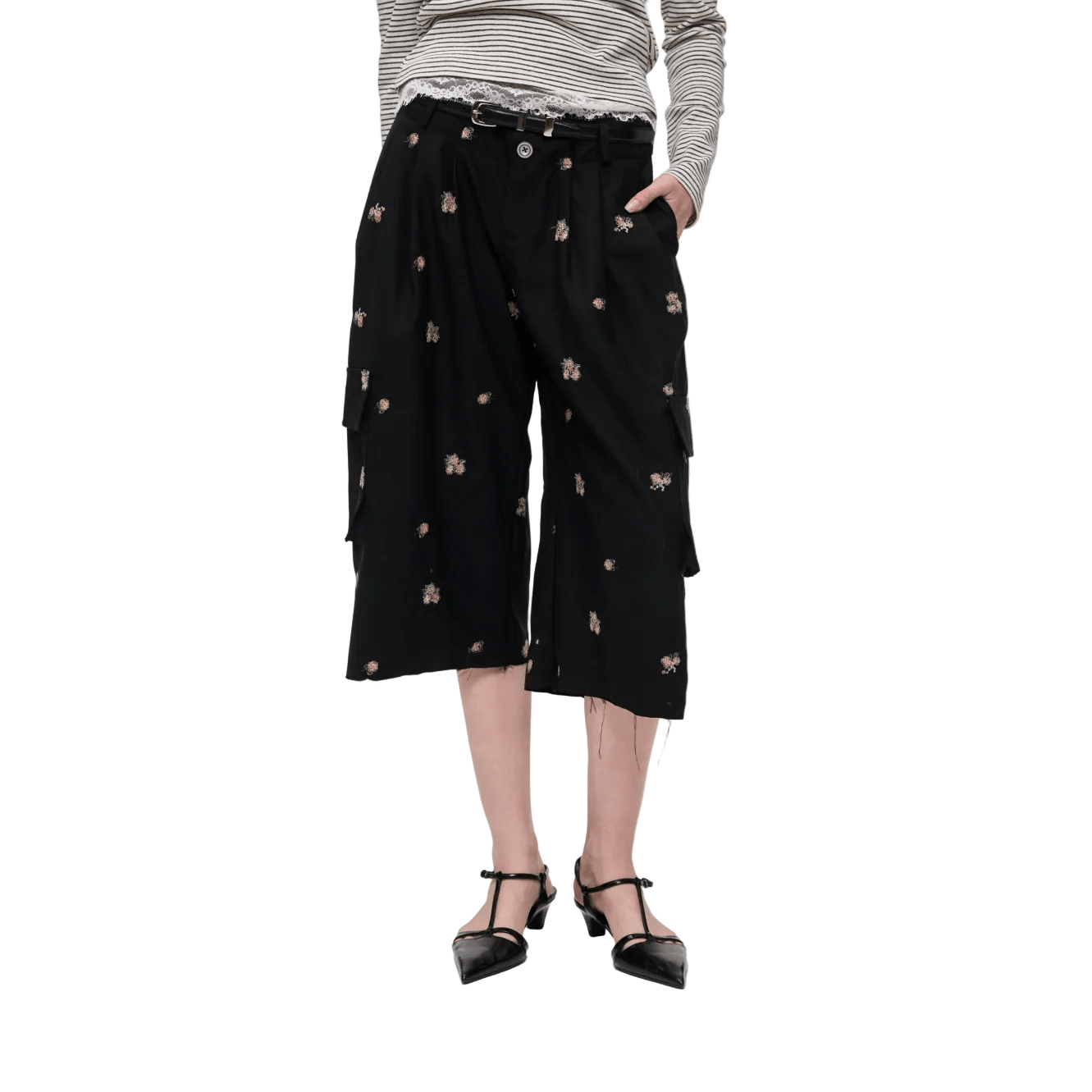 Alexia Sandra Double Waistband Embroidered Cargo Capri Pants In Black | MADAX