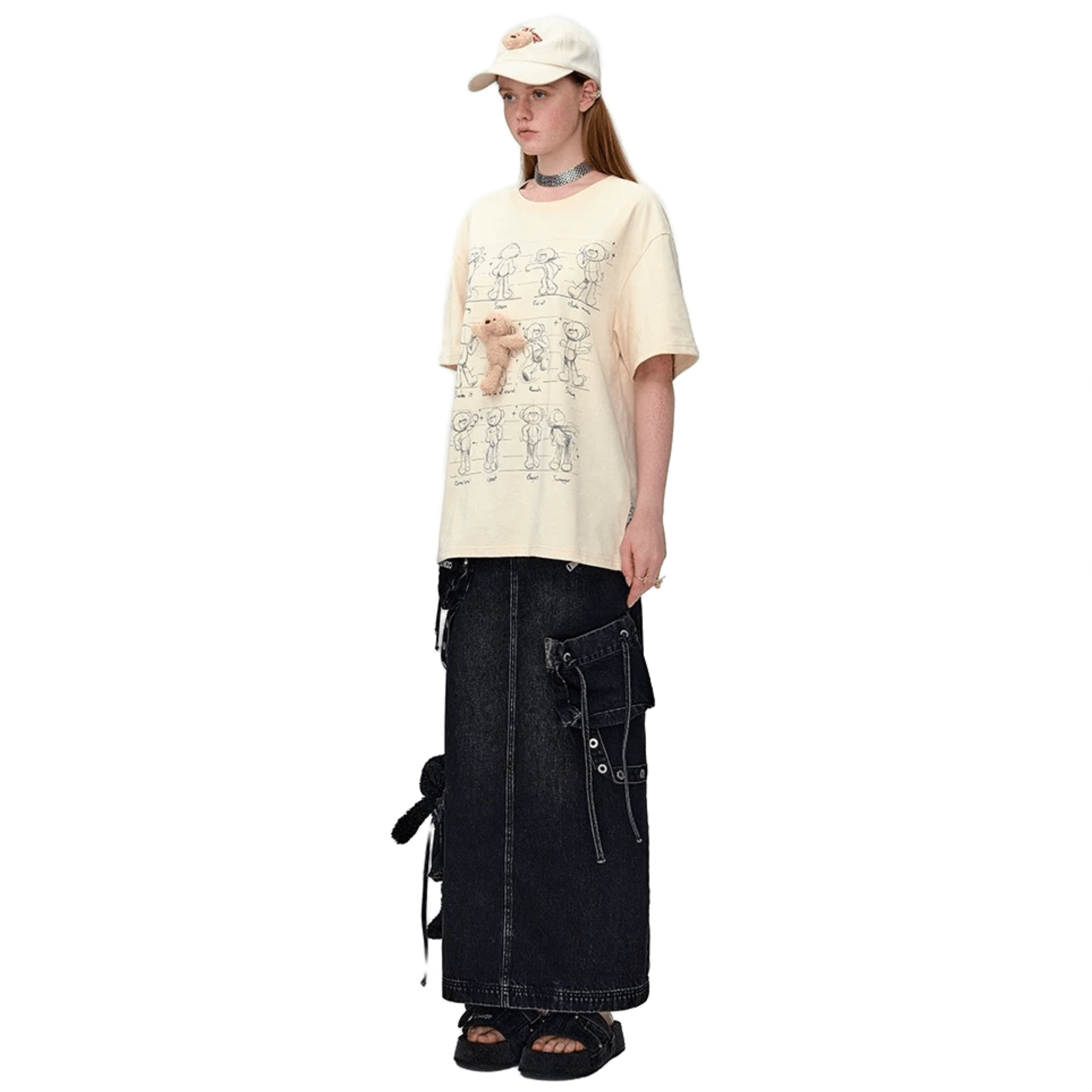 13DE MARZO Draft Bear Illustration T-shirt in Beige | MADAX