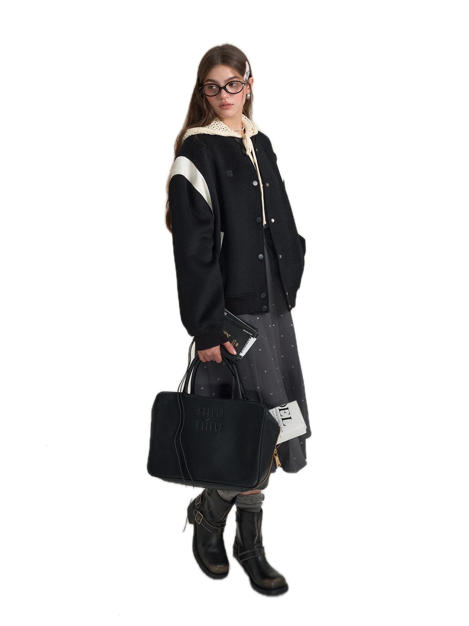 SOMESOWE Eco Leather And Wool Baseball Jacket In Black | MADAX