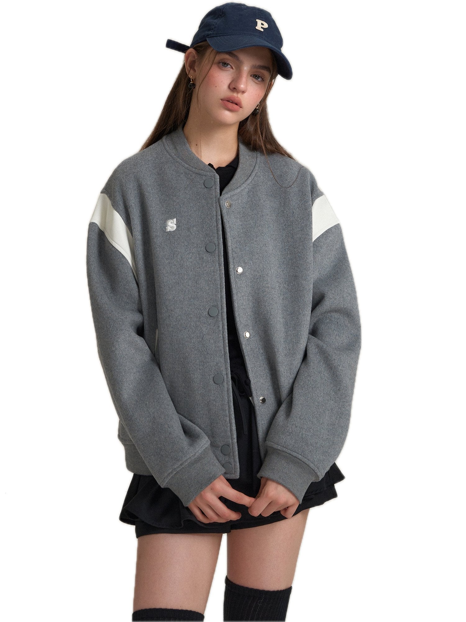 SOMESOWE Eco Leather And Wool Baseball Jacket In Gray | MADAX