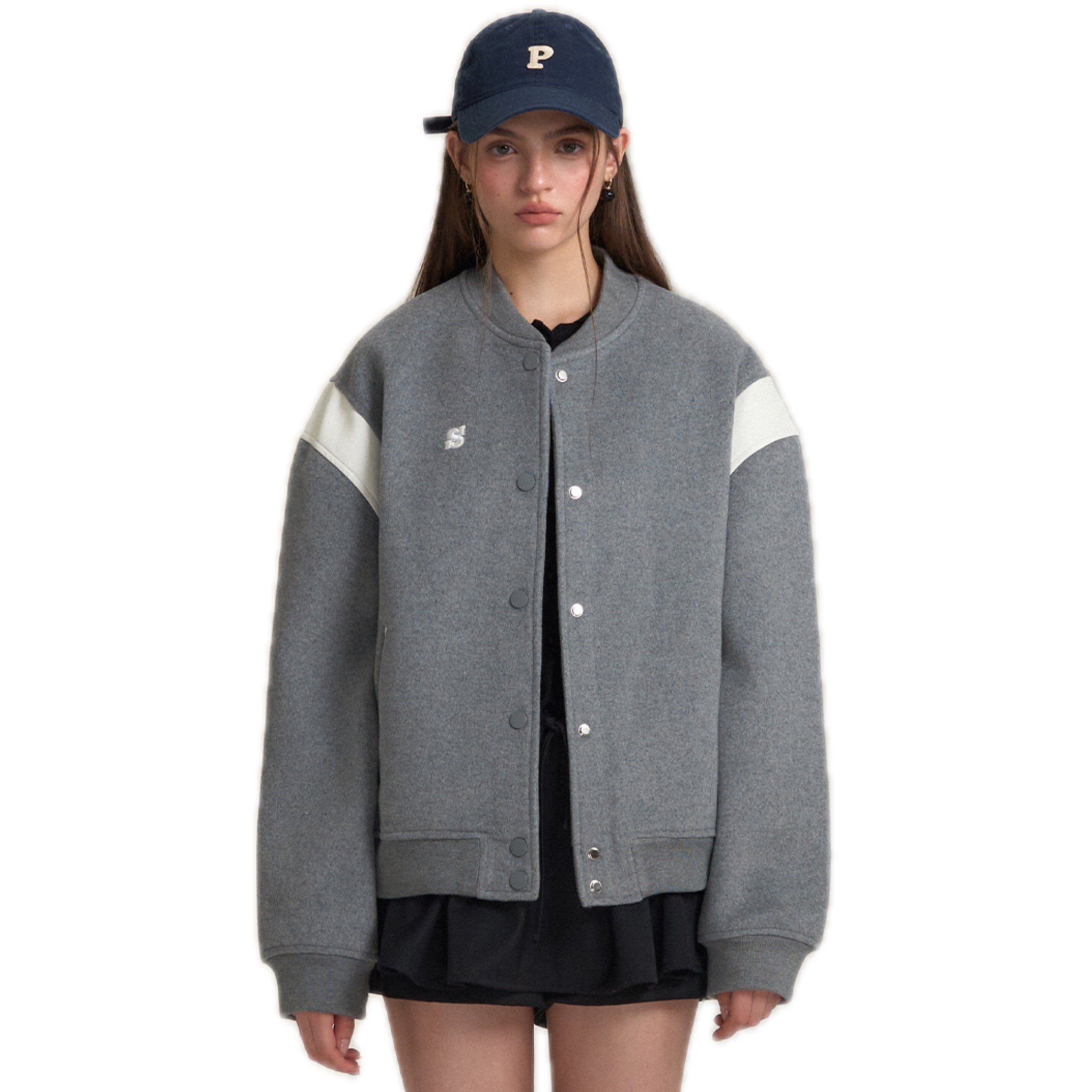 SOMESOWE Eco Leather And Wool Baseball Jacket In Gray | MADAX