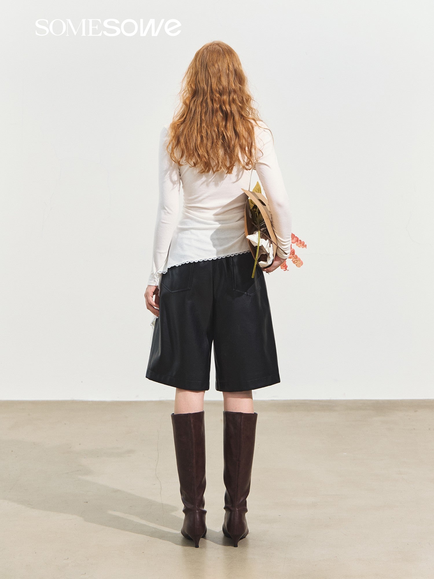 SOMESOWE Elastic Waist Wide Leg Leather Mid - Length Shorts In Black | MADAX