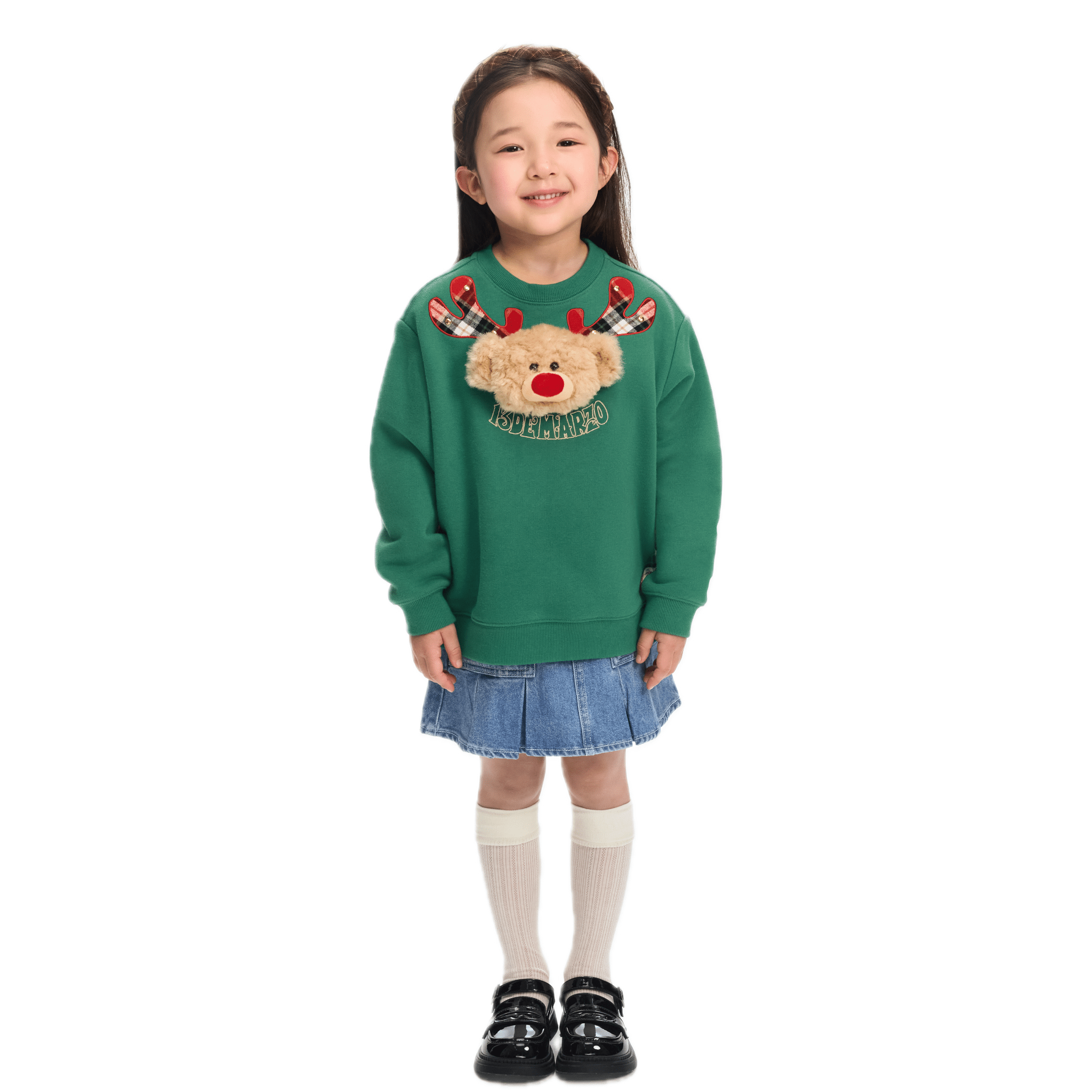13DE MARZO Elk Bear Doll Baby Sweatshirt in Green | MADAX