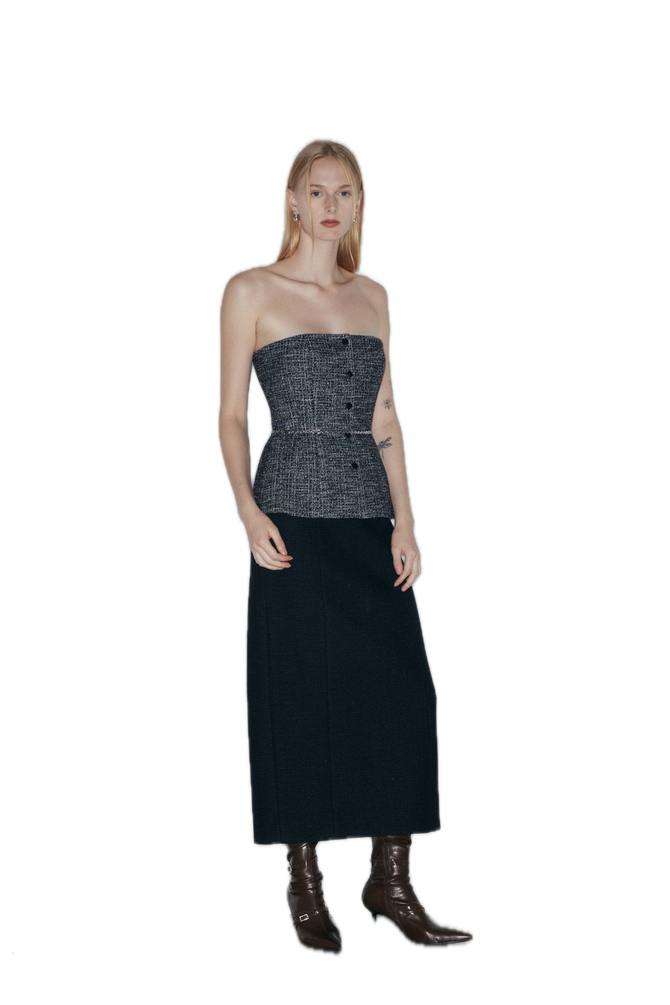 NECESSARY ANANKE Embellished Tweed Bustier Top In Black White | MADAX