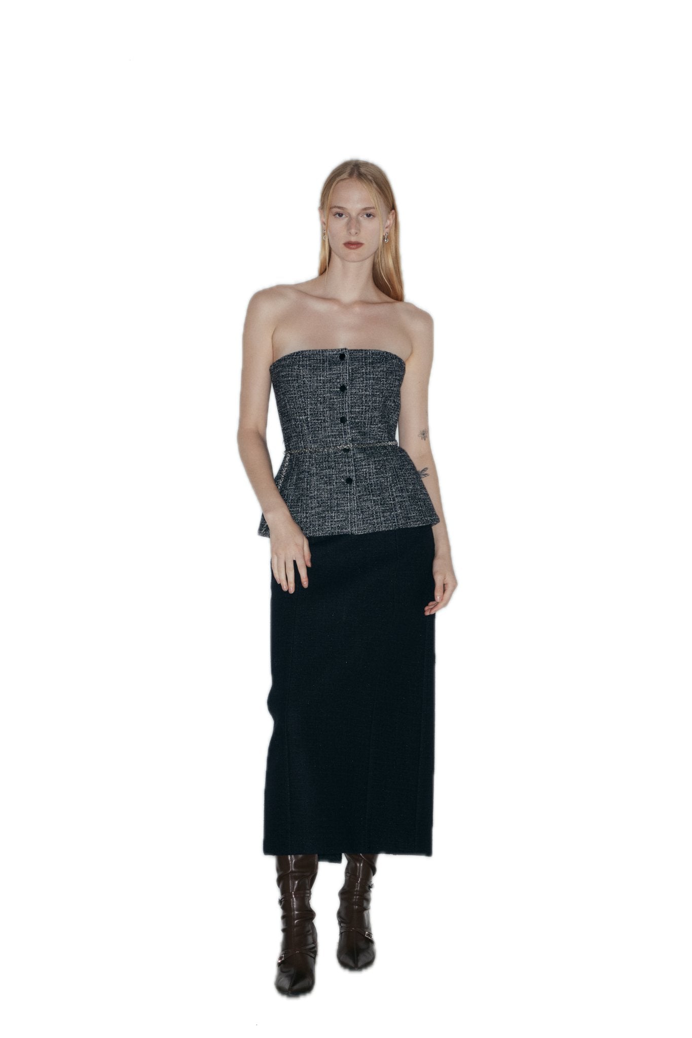 NECESSARY ANANKE Embellished Tweed Bustier Top In Black White | MADAX