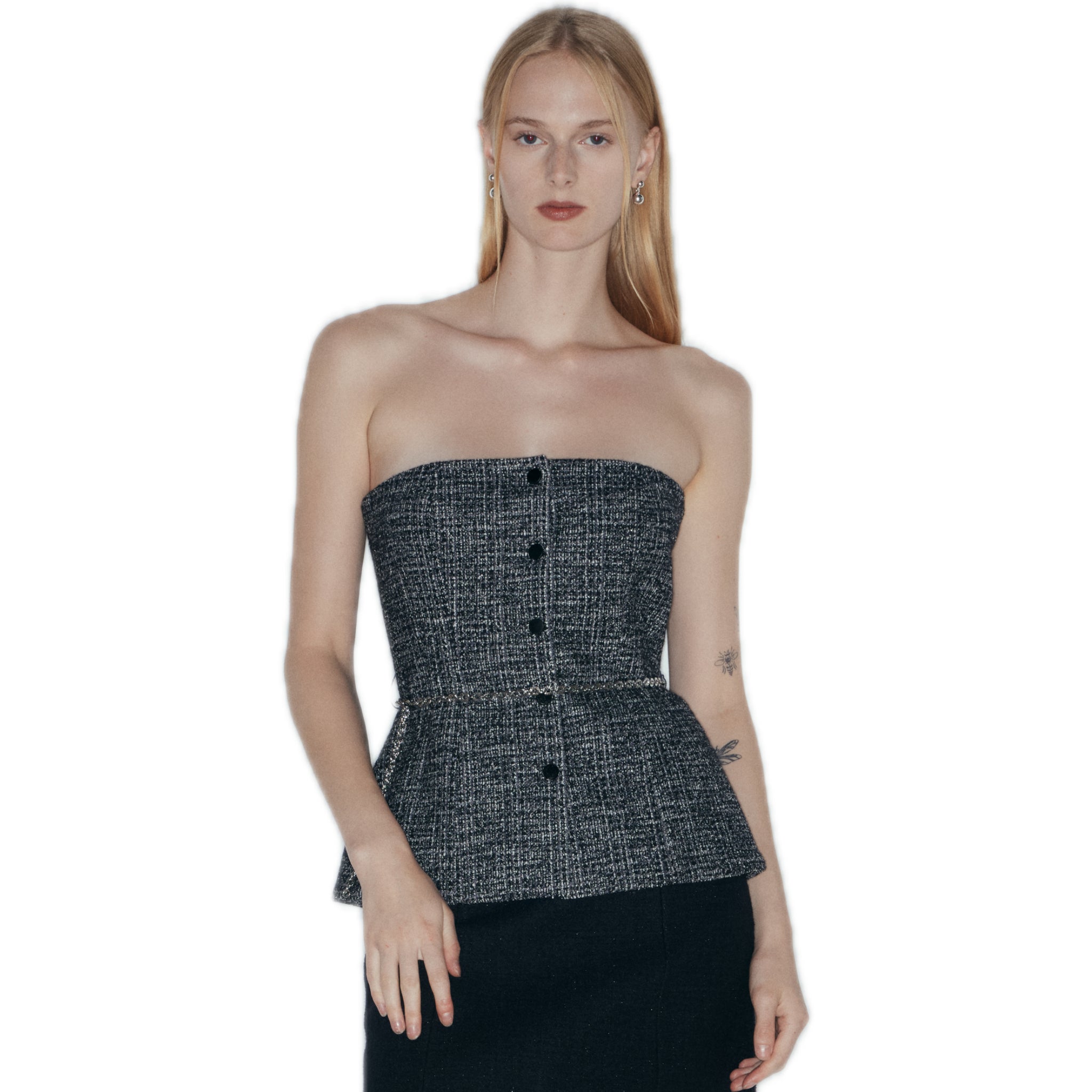 NECESSARY ANANKE Embellished Tweed Bustier Top In Black White | MADAX