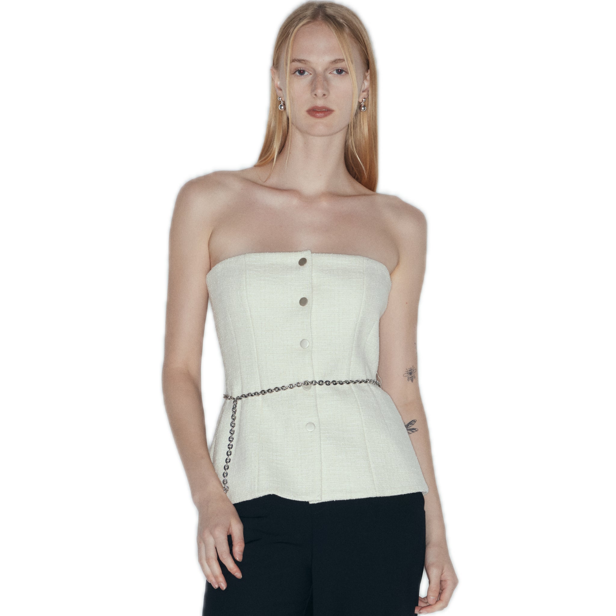 NECESSARY ANANKE Embellished Tweed Bustier Top In White | MADAX