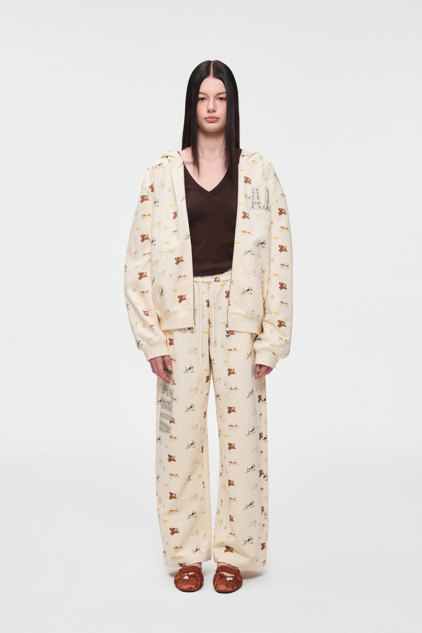 Alexia Sandra Embroidered Frisbee Puppy Track Pants In Beige | MADAX